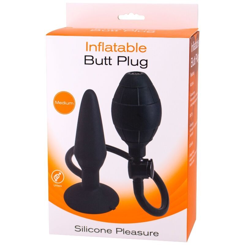 Schwarzer Analplug mit aufblasbarem Teil und Ring. Verpackung mit Aufschrift "Inflatable Butt Plug".