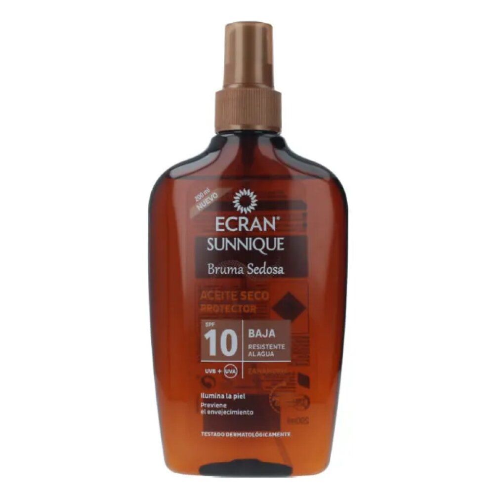 ECRAN SUNNIQUE Bräunungsöl Spray LSF 10. Braune Flasche mit Sprühkopf. Text: Bruma Sedosa, aceite seco protector, SPF 10.