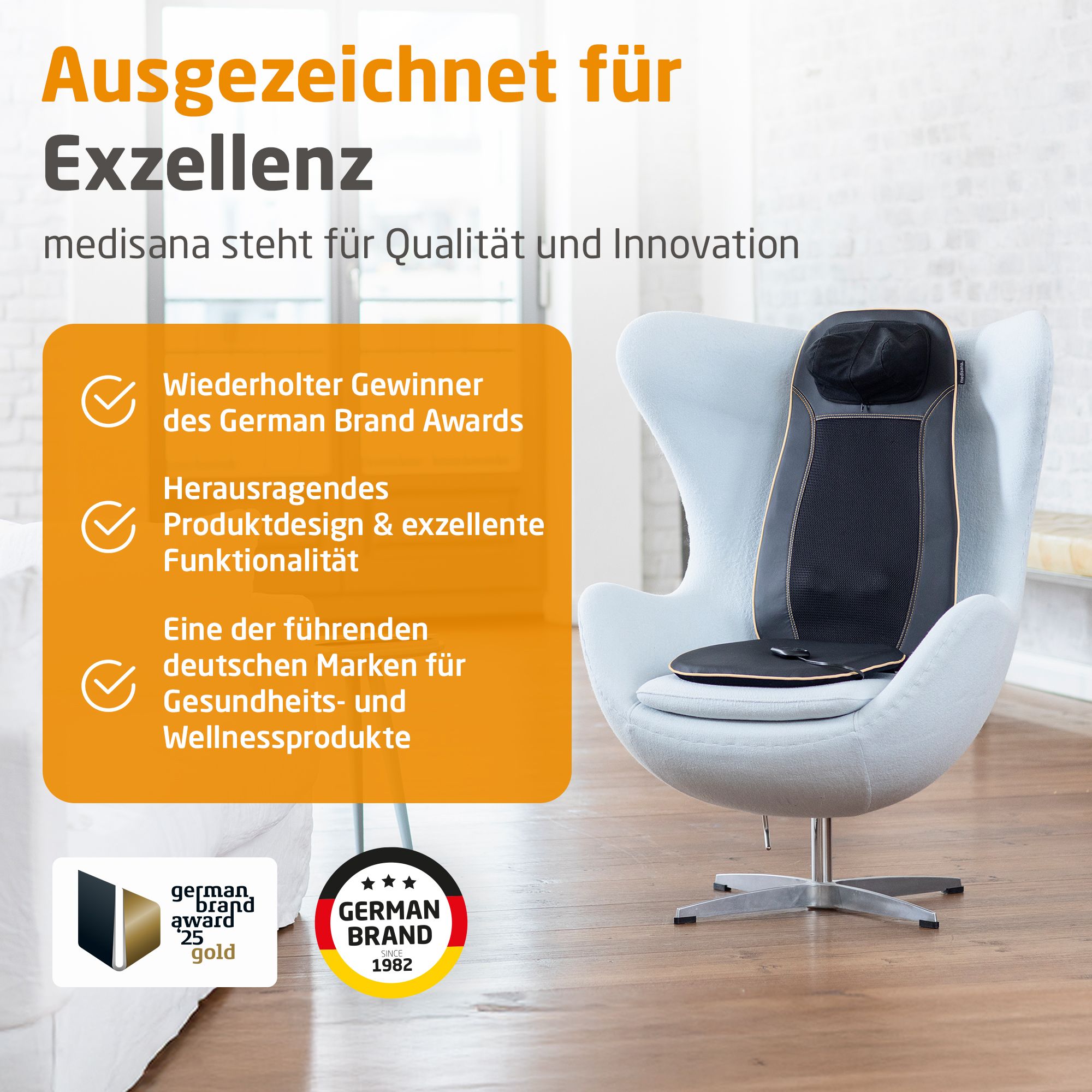Massagematte in Sessel. Ausgezeichnet für Exzellenz, German Brand Award Gewinner.