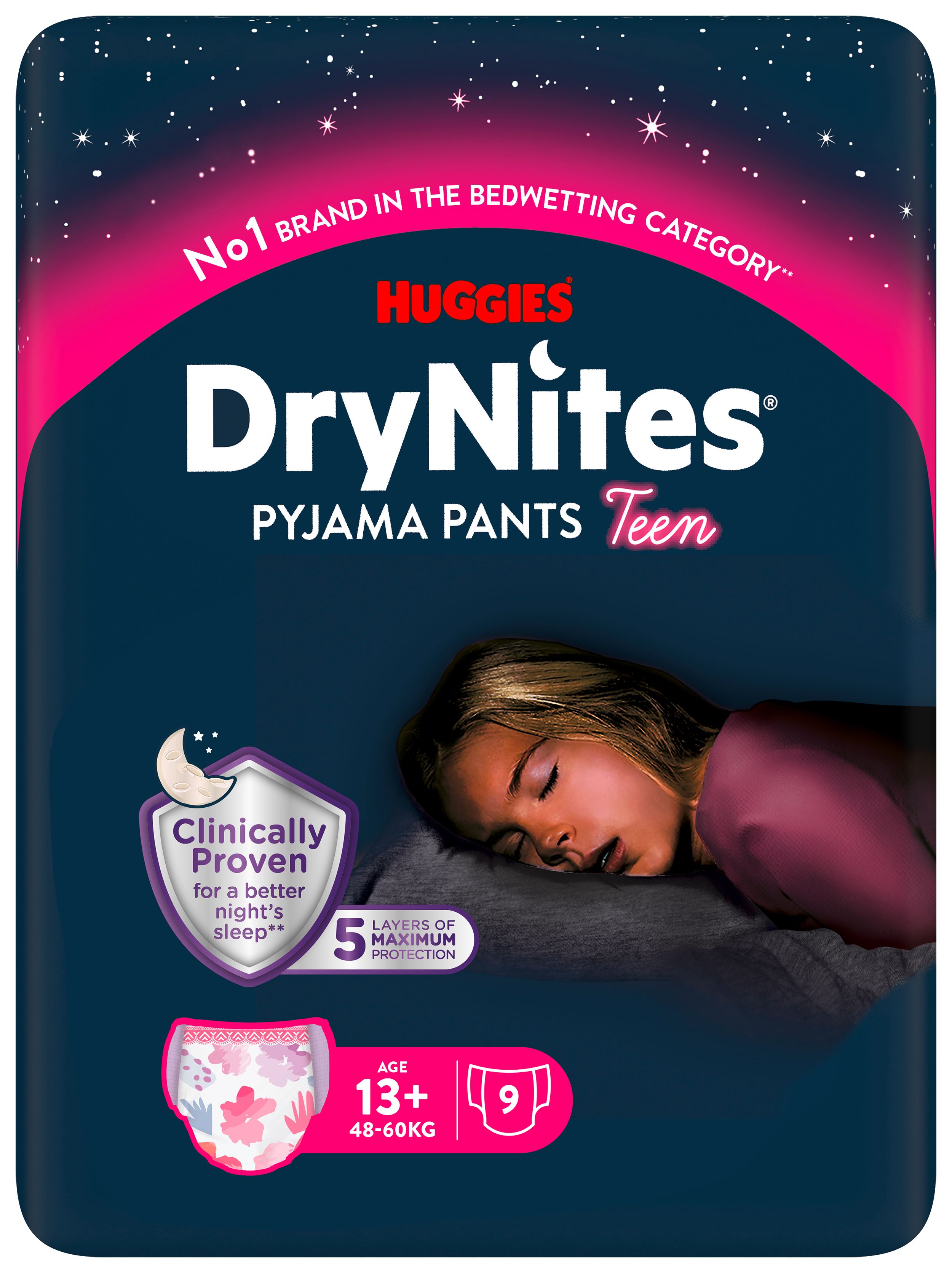 Huggies DryNites Pyjama Pants Teen, Packung. Aufdruck: Clinically Proven, 5 Schichten, Alter 13+, Größe 9. Mädchen schläft.