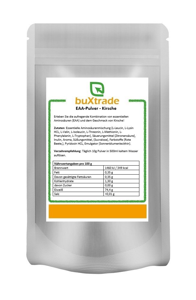 Beutel mit buXtrade EAA-Pulver Kirsche. Aufdruck mit Nährwertangaben und Zutatenliste. Grün-weißes Etikett mit Logo.