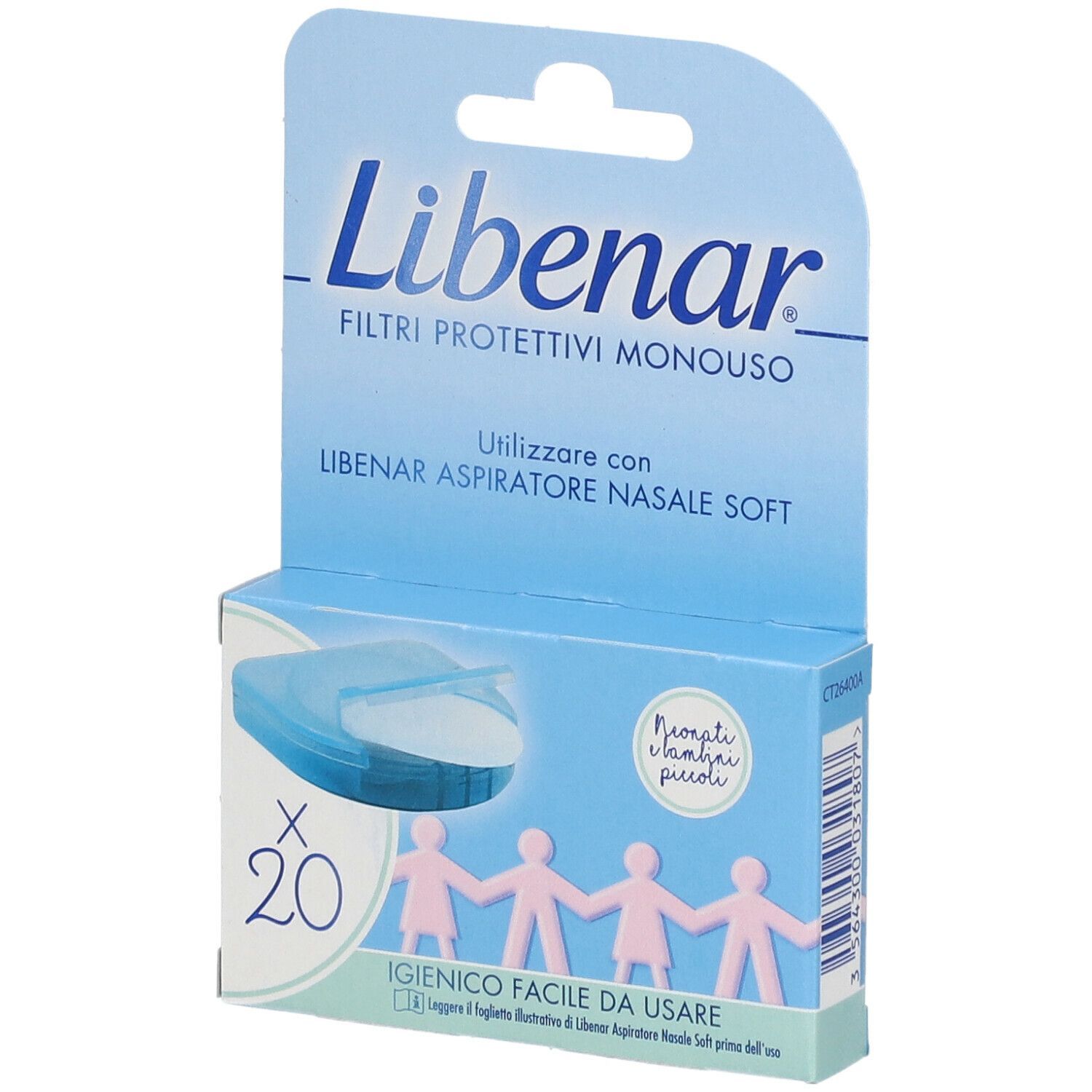 Confezione Libenar Filtri Protettivi Monouso. Scatola blu con immagine e testo. Contiene 20 pezzi. Per neonati.