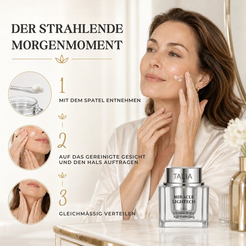 Nahaufnahme einer Frau mit strahlender Haut. Talia Miracle Lighttech Age-Correcting.