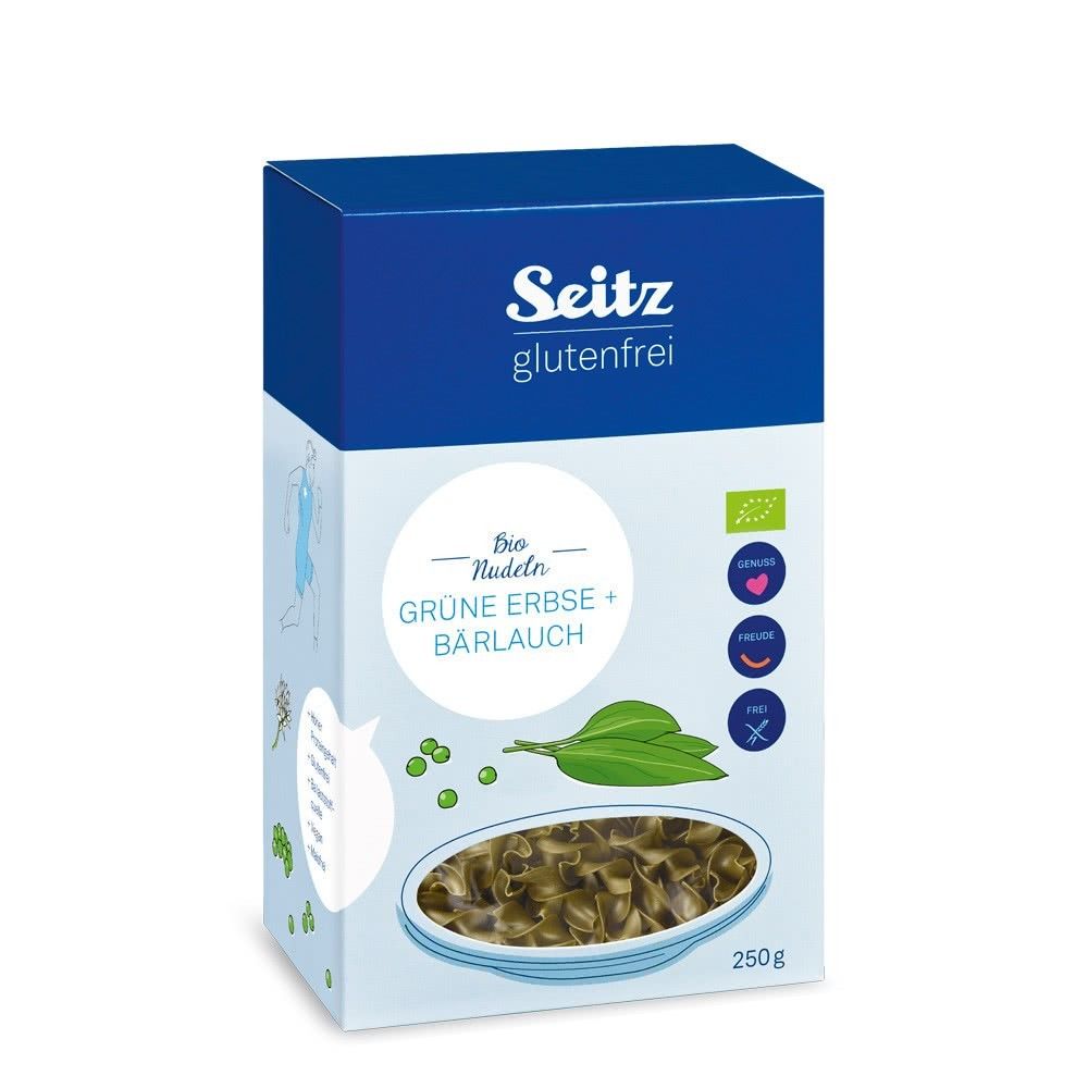 Verpackung mit grünen Nudeln. Aufschrift: Seitz glutenfrei, Bio Nudeln, Grüne Erbse + Bärlauch. Mit Bio-Siegel und 250g.