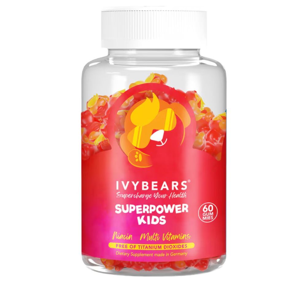 Klare Flasche mit roten Gummibärchen. Aufschrift: IVYBEARS Superpower Kids, 60 Gummibärchen. Enthält Niacin und Multivitamine.