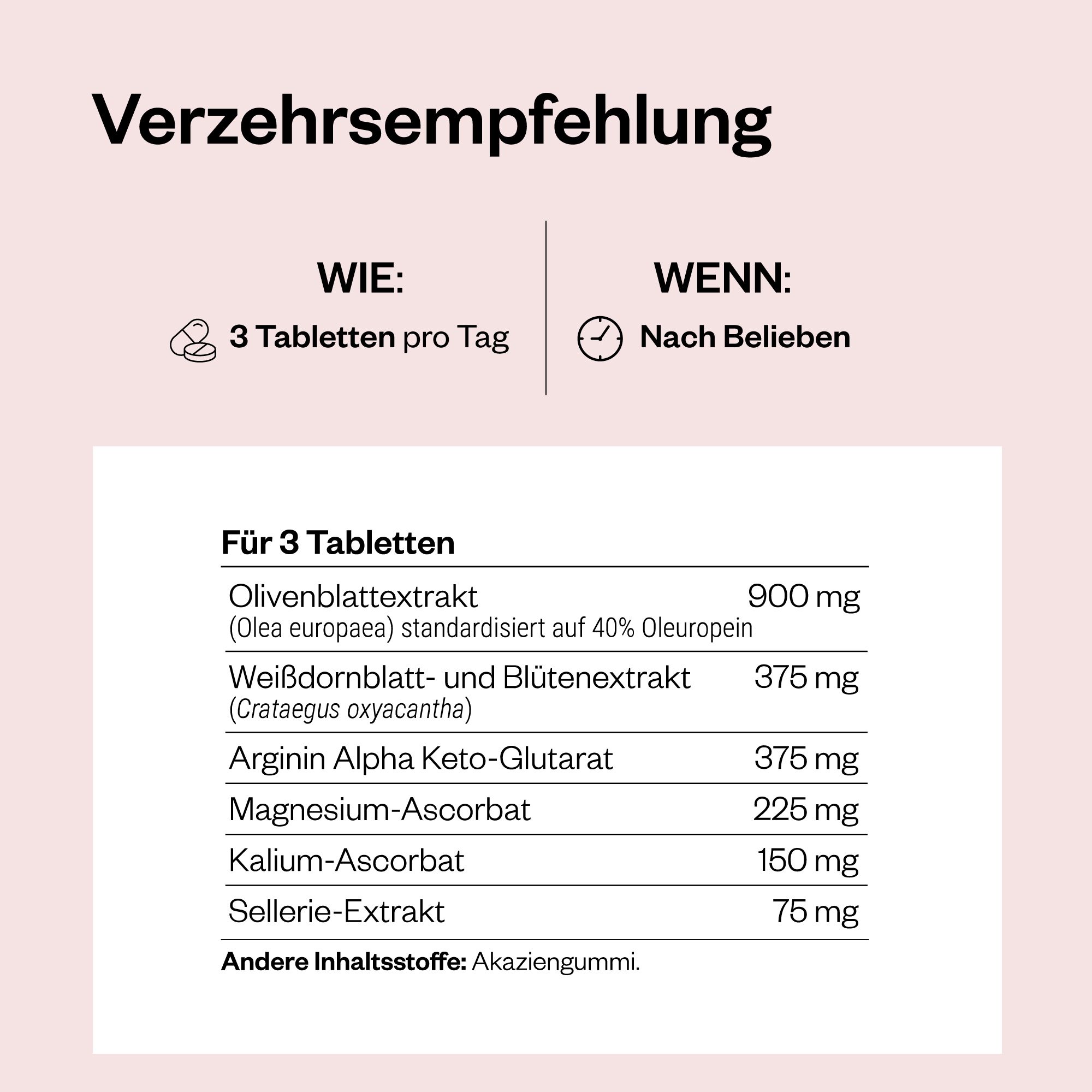 Verzehrsempfehlung: 3 Tabletten pro Tag. Inhaltsstoffe: Olivenblattextrakt, Weißdorn, Arginin, Magnesium, Kalium, Sellerie.