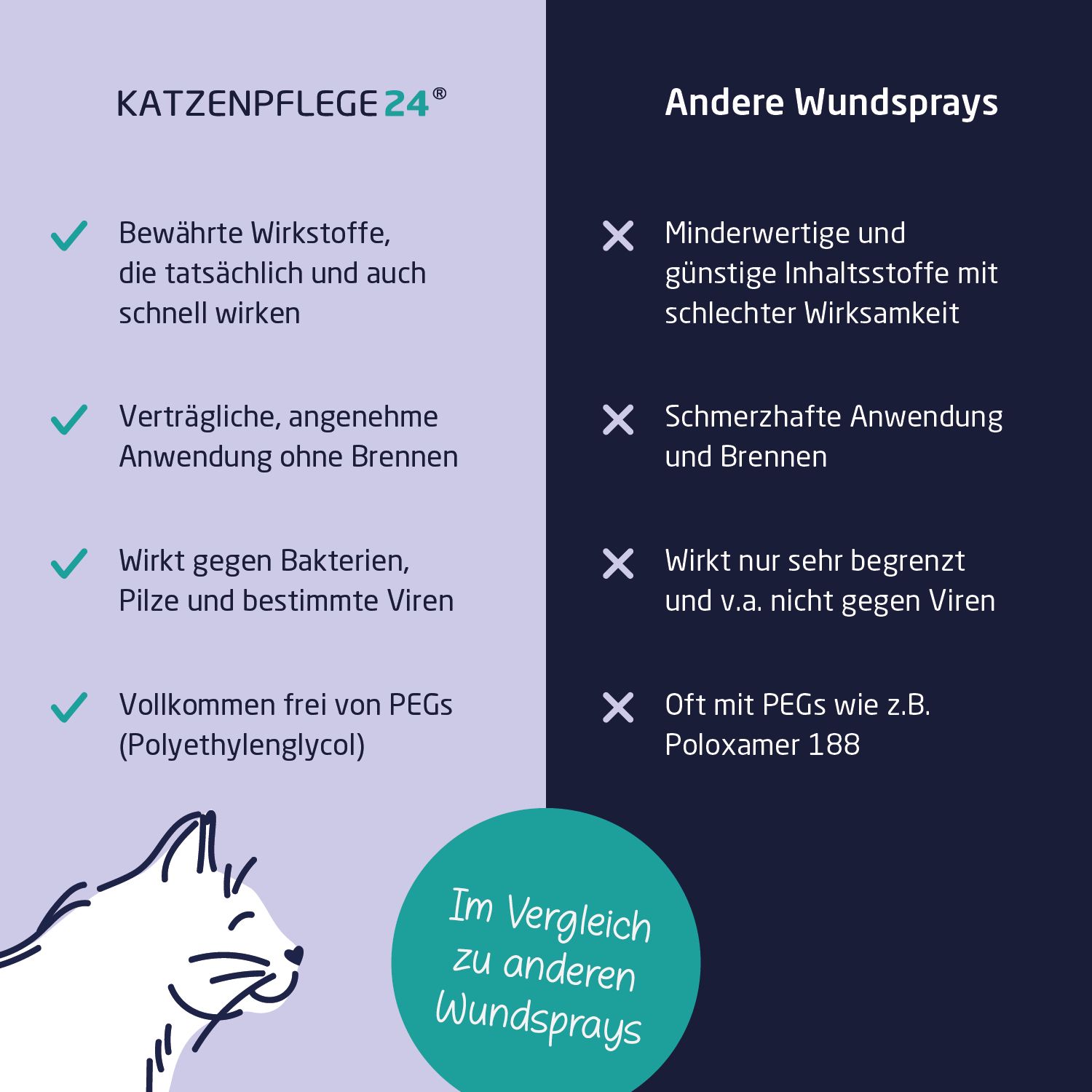 Vergleich von Wundsprays. Text: Bewährte Wirkstoffe, verträglich, wirkt gegen Bakterien, frei von PEGs. Gegenüber: minderwertig, brennend.