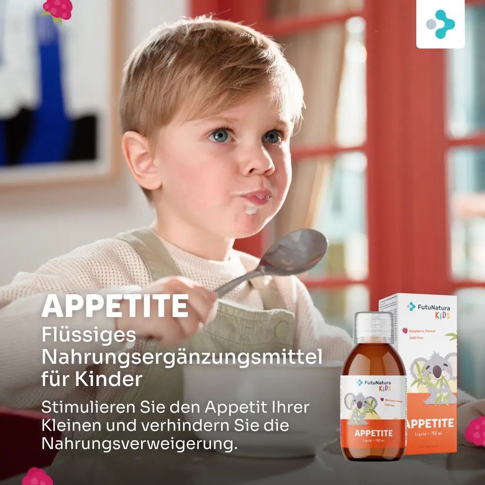 Kind is aan het eten. Rechts: Flasche und Verpackung mit Etikett. Aufschrift: FutuNatura Kids, Appetit, Himbeergeschmack, GMO-frei.