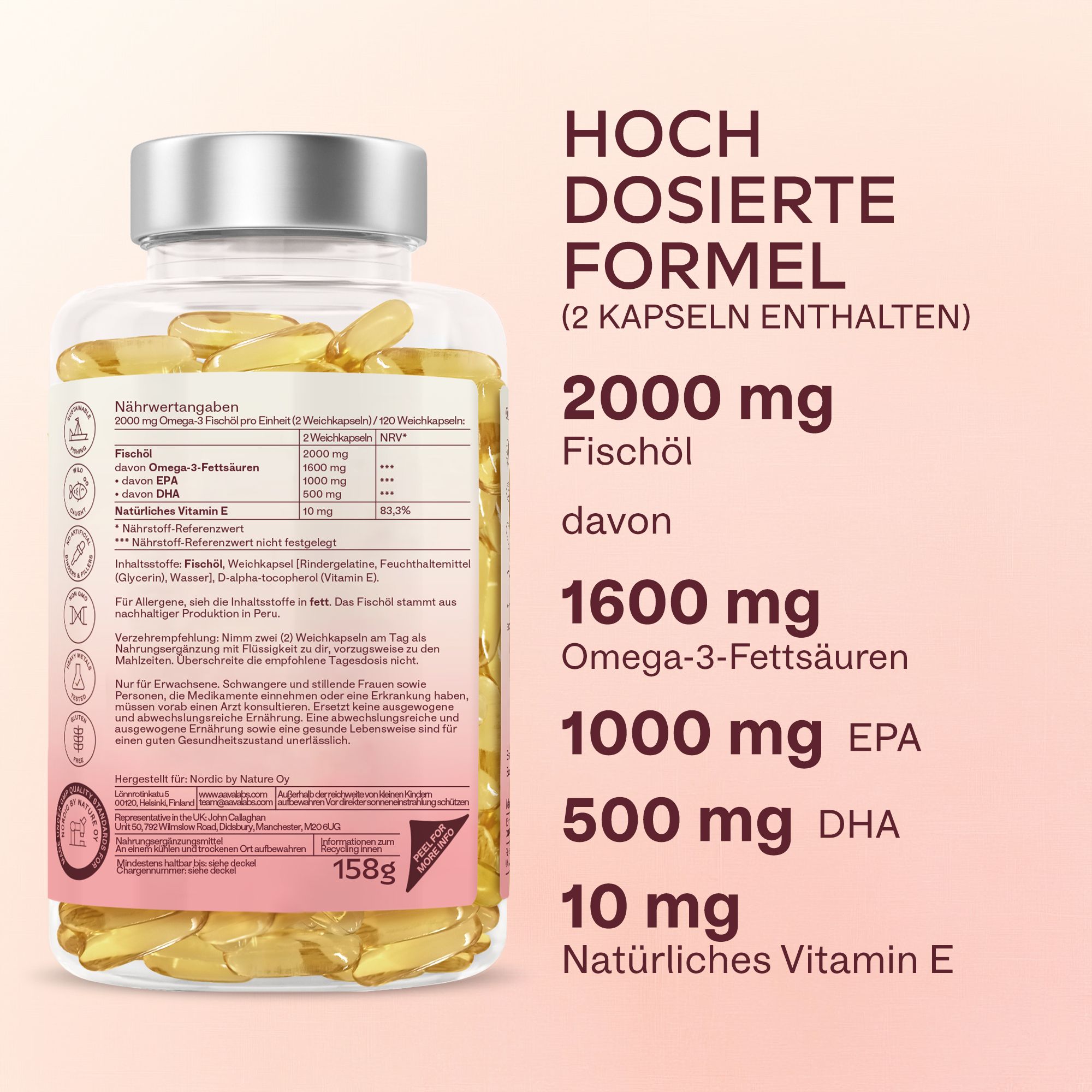 Rückseite einer Omega-3-Flasche mit Nährwertangaben. 2000mg Fischöl, 1600mg Omega-3-Fettsäuren.
