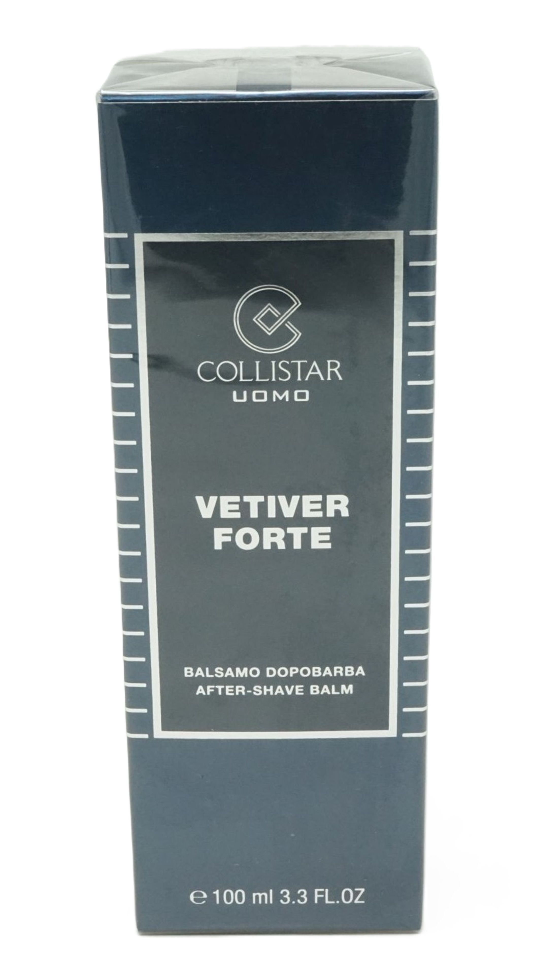 Dunkelblaue Verpackung von Collistar Uomo Vetiver Forte After-Shave Balm. Text: Vetiver Forte, Balsamo Dopobarba, After-Shave Balm.