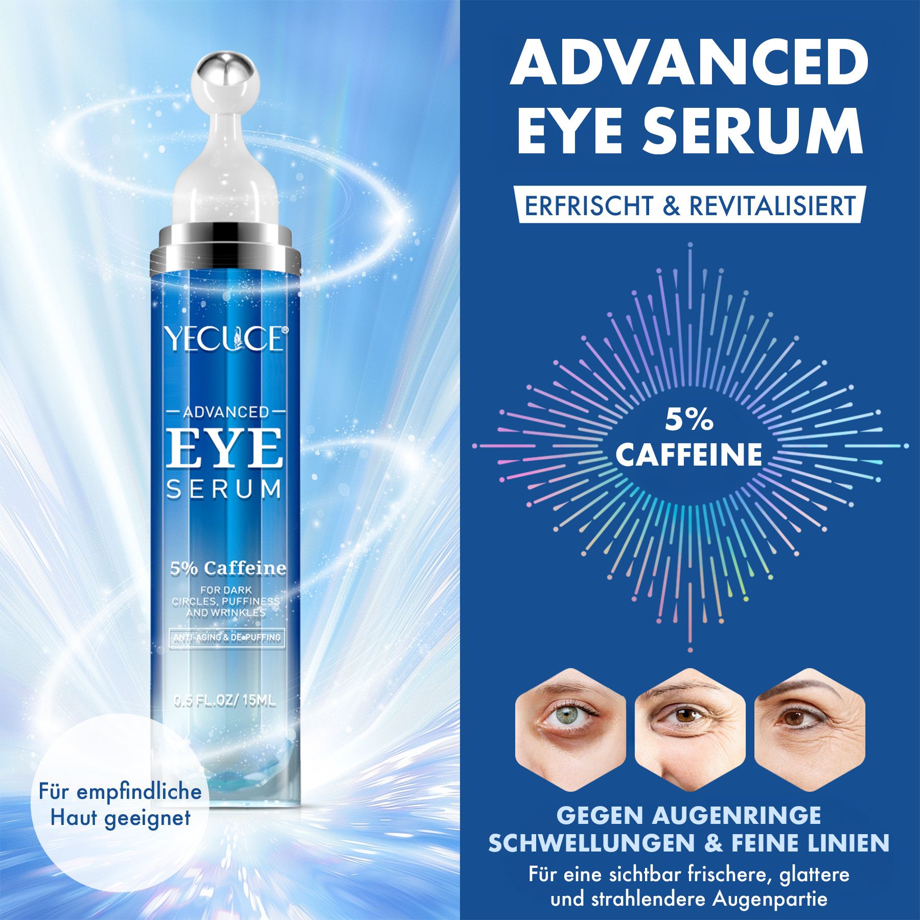 Flasche mit YECUCE Advanced Eye Serum, 5% Koffein, 15ml. Für empfindliche Haut geeignet.