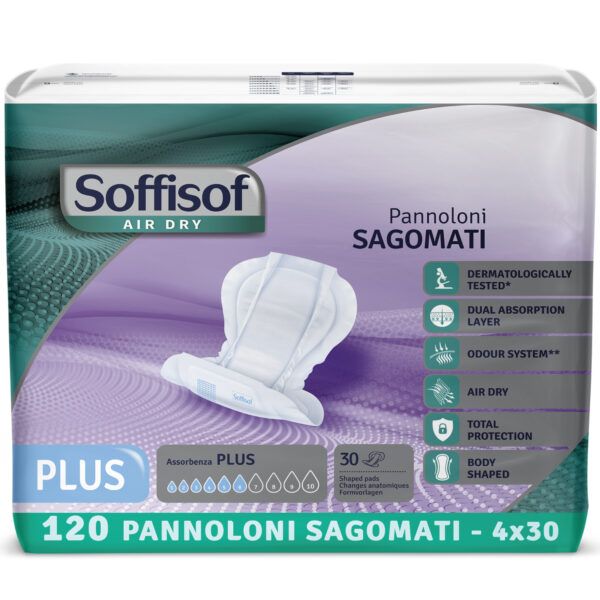 Confezione di Soffisof Pannoloni Sagomati Plus. 120 pezzi, 4x30. Loghi e caratteristiche del prodotto visibili.