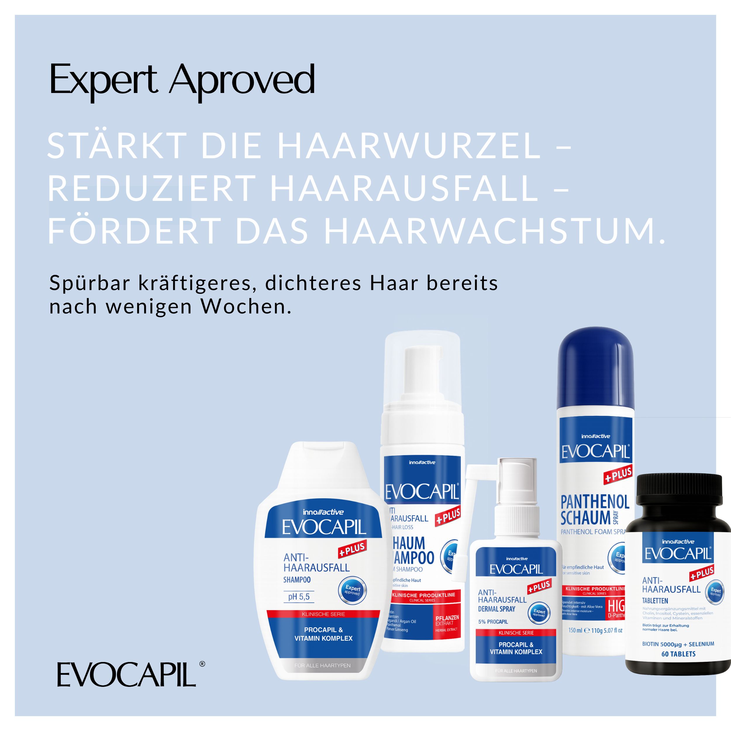 Verschiedene Evocapil Plus Produkte: Shampoo, Schaum, Spray, Tabletten. Expert Approved.
