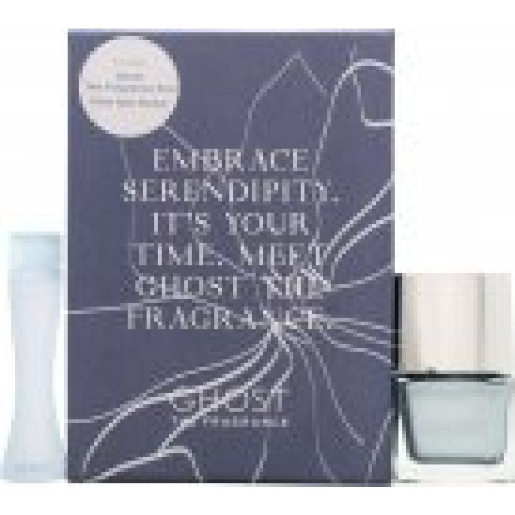 Geschenkset mit Flakon, Nagellack und Schachtel. Flakon und Nagellack hellblau. Schachtel mit Text und Logo.