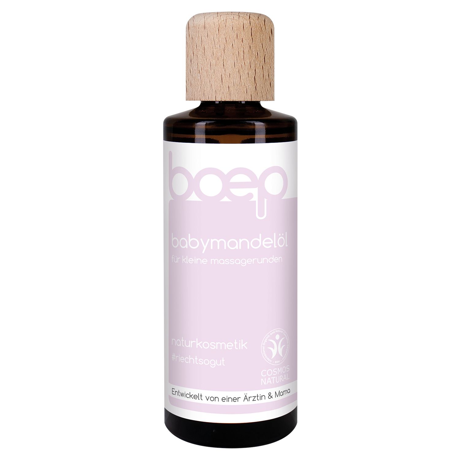 Braune Glasflasche mit Holzverschluss. Aufschrift: Babymandelöl. Logo: boep. Naturkosmetik. Cosmos Natural zertifiziert.