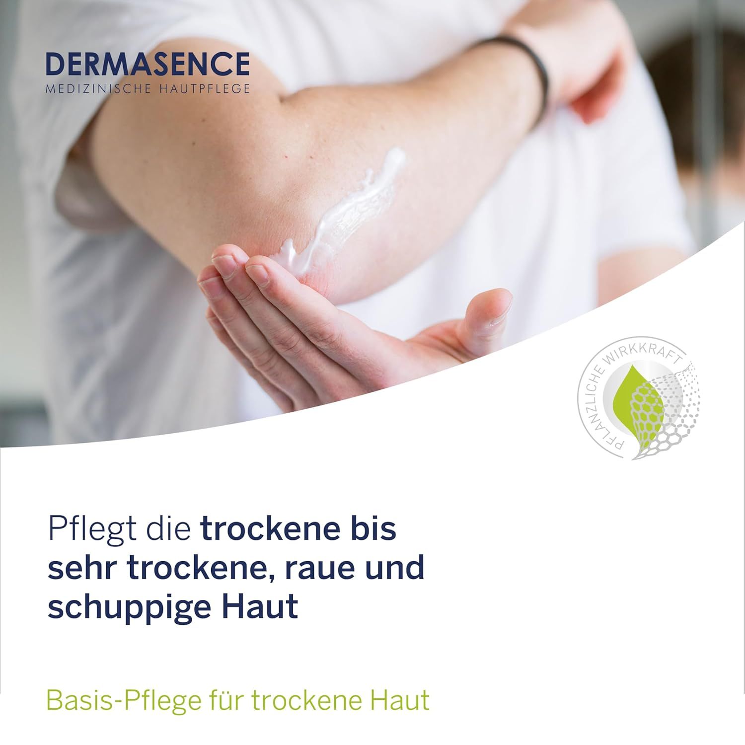 Person zeigt Creme auf Ellenbogen. Logo und Produktname oben links. Text: Pflegt trockene bis sehr trockene Haut.