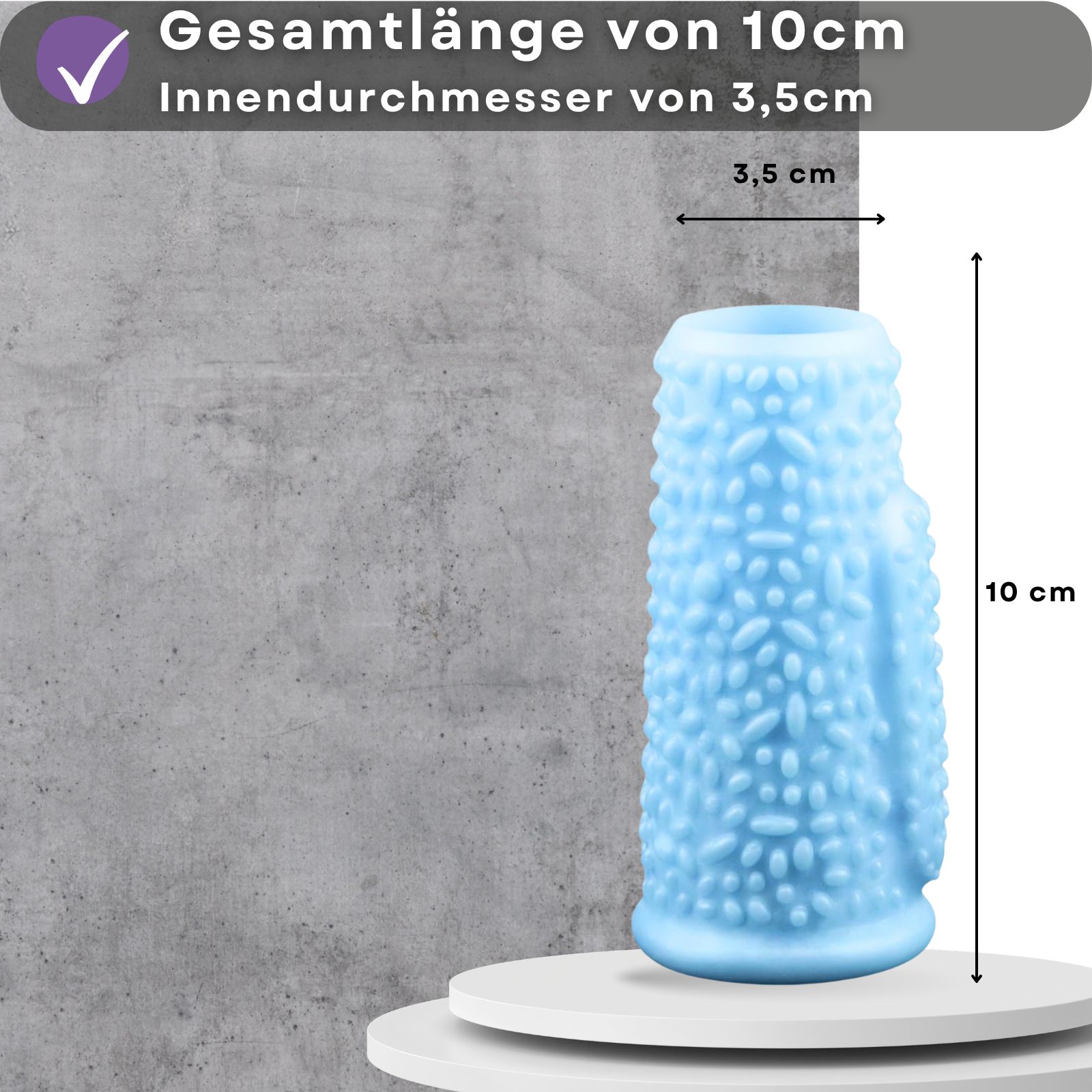 Blaue Penishülle mit Noppen. Text: Gesamtlänge von 10cm, Innendurchmesser von 3,5cm.