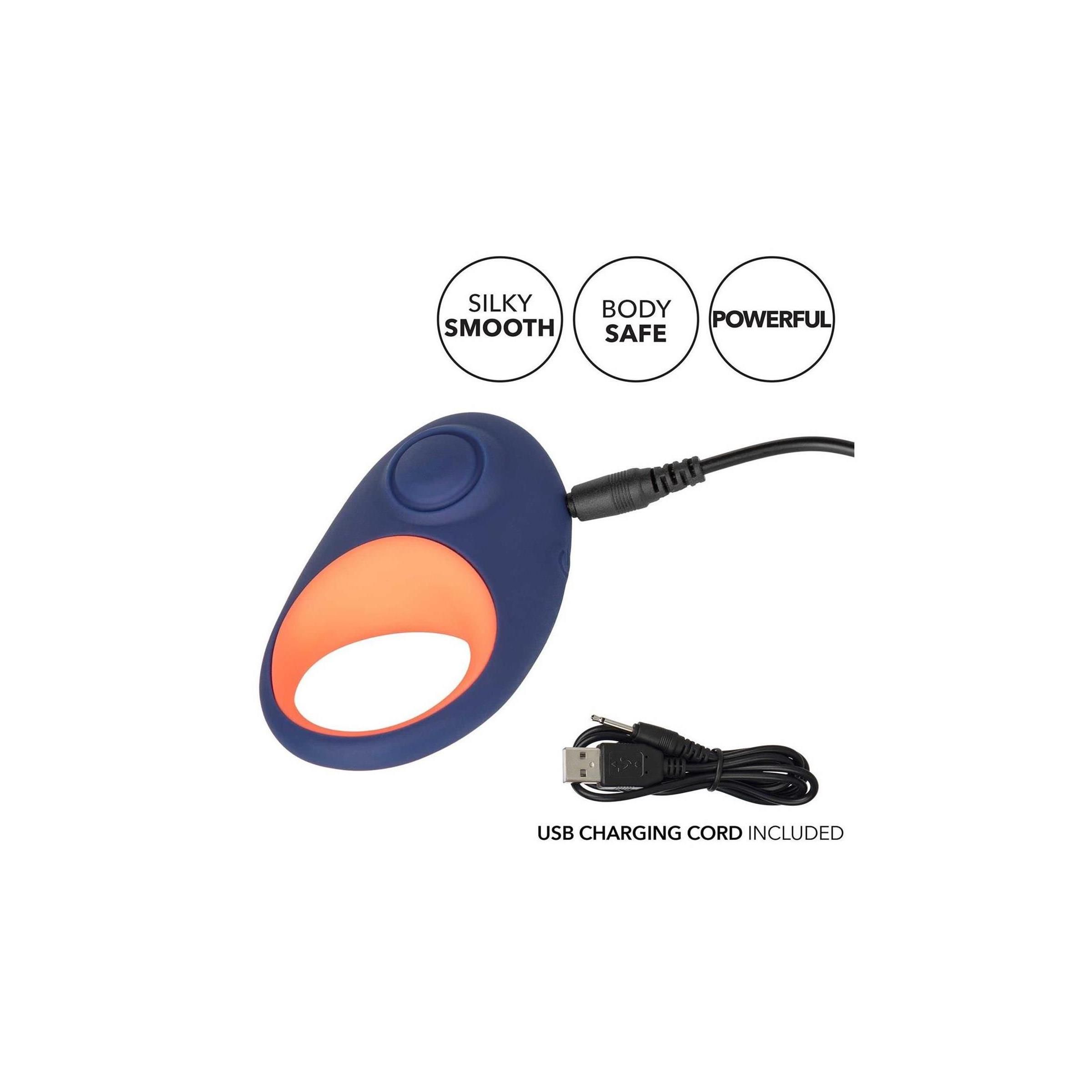 Blau-orangefarbener Ring mit USB-Kabel. Runde Form mit Knopf.
