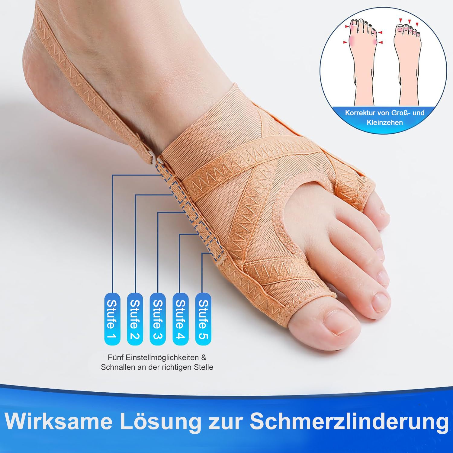 Fuß mit beige Hallux Valgus Korrektor. Fünf Einstellmöglichkeiten. Text: Wirksame Lösung zur Schmerzlinderung. Korrektur von Groß- und Kleinzehen.