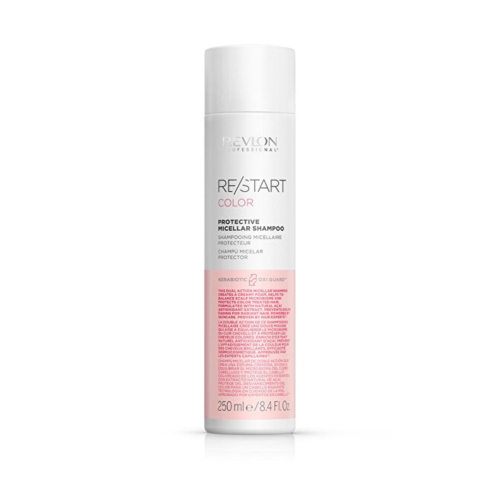 Weiße Flasche mit rosa Etikett. Aufschrift: RE/START COLOR Protective Micellar Shampoo. Marke: Revlon.