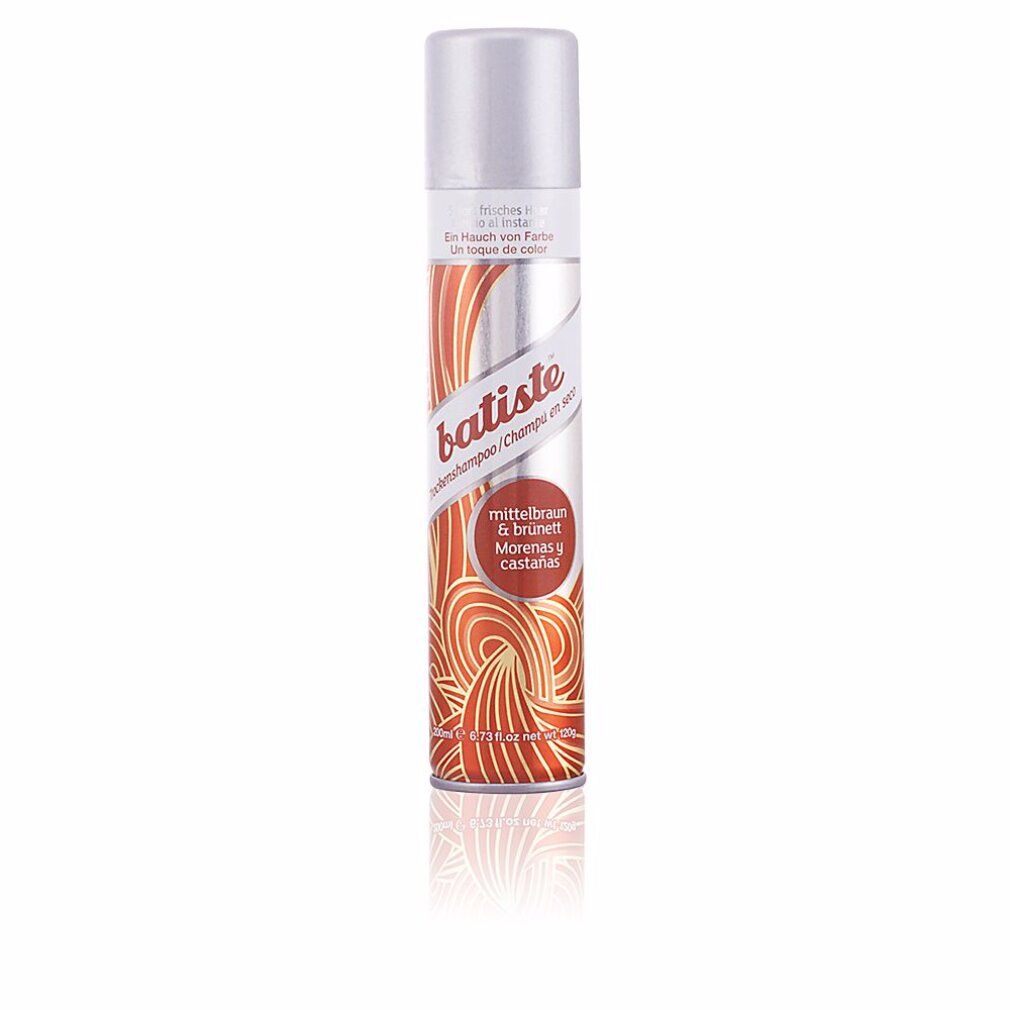 Trockenshampoo-Flasche, silber-orange. Aufschrift: Batiste, Trockenshampoo/Champing sec, Mittelbraun & brnett, Castao.