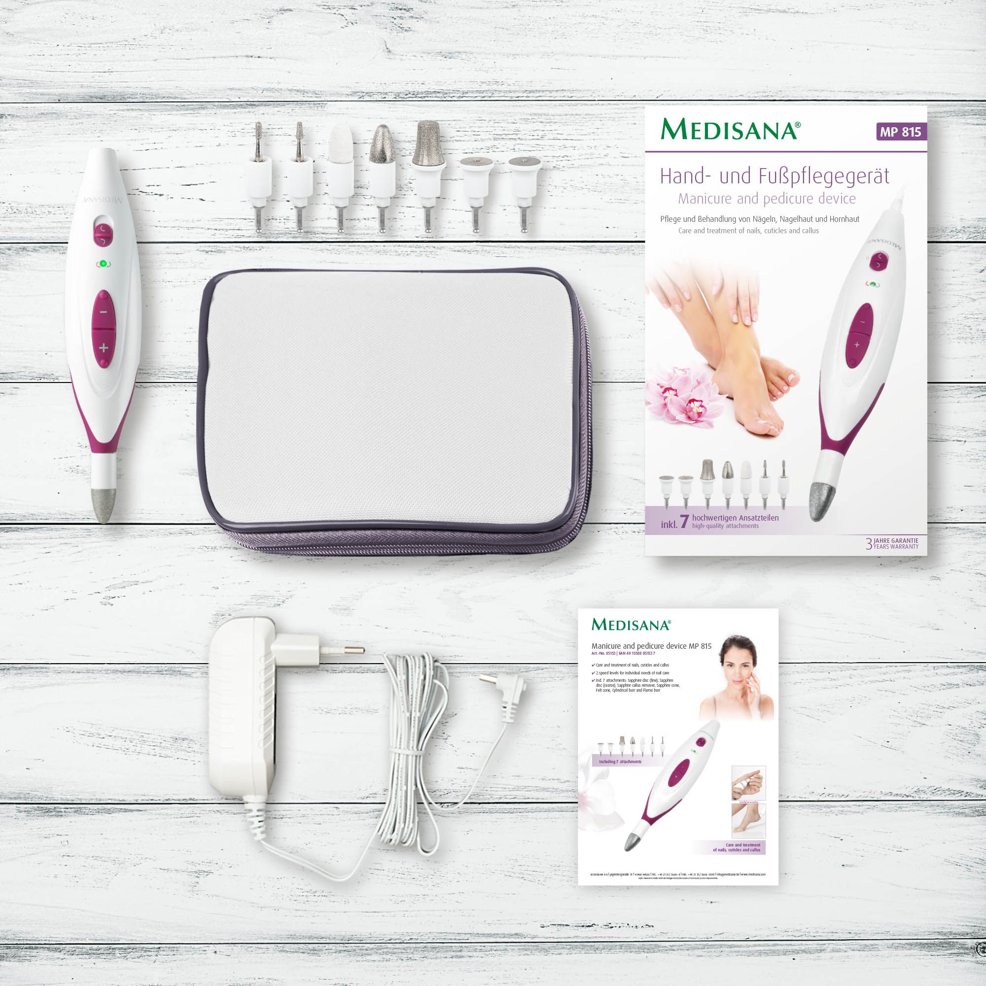 Medisana MP 815 Set: Maniküre-/Pediküre-Gerät, 7 Aufsätze, Tasche, Netzteil, Anleitung.