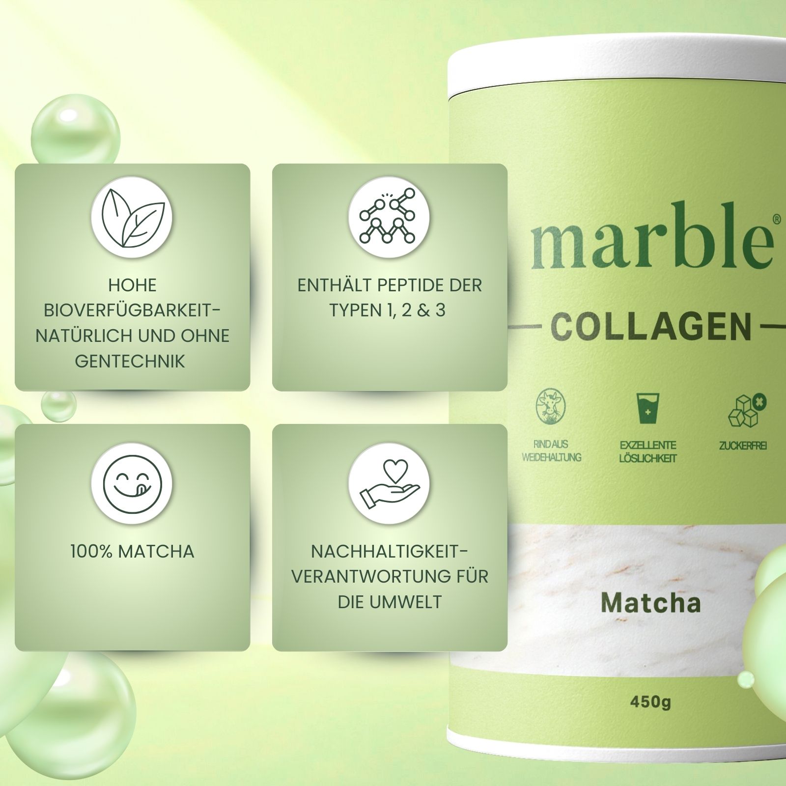 Grüne Dose marble Collagen, Matcha, 450g. Logos: hohe Bioverfügbarkeit, Peptide Typen 1, 2 & 3, 100% Matcha, Nachhaltigkeit für die Umwelt.