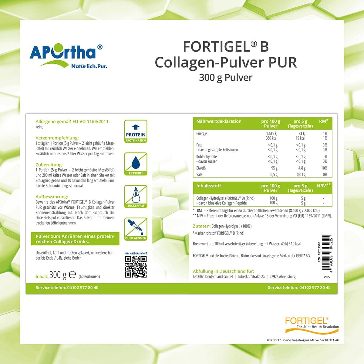 APOrtha Fortigel B Collagen-Pulver PUR: 300g Pulver. Vergleich: Bioaktive Peptide, Geschmack, Reinheit.