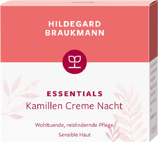 Karton mit Produktaufdruck. Oben: Hildegard Braukmann. Unten: Essentials Kamillen Creme Nacht. Rosa-weißes Design.