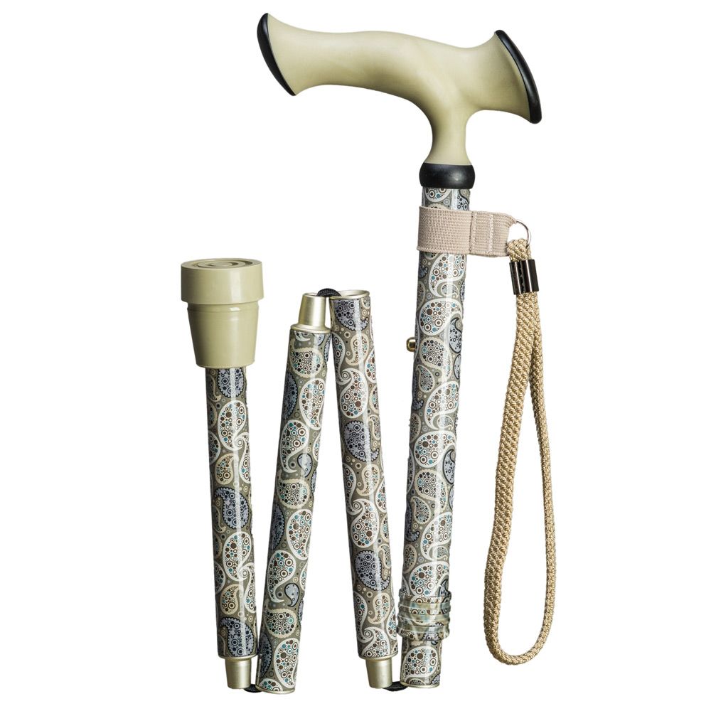 Faltbarer Gehstock mit ergonomischem Griff und Paisley-Muster. Beige- und Blautöne. Mit Handschlaufe.