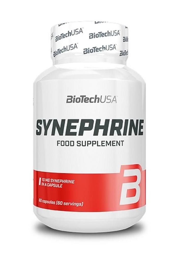 Weiße Flasche mit rotem Streifen. Aufschrift: SYNEPHRINE, FOOD SUPPLEMENT. Enthält 10 mg Synephrin pro Kapsel. 90 Kapseln.