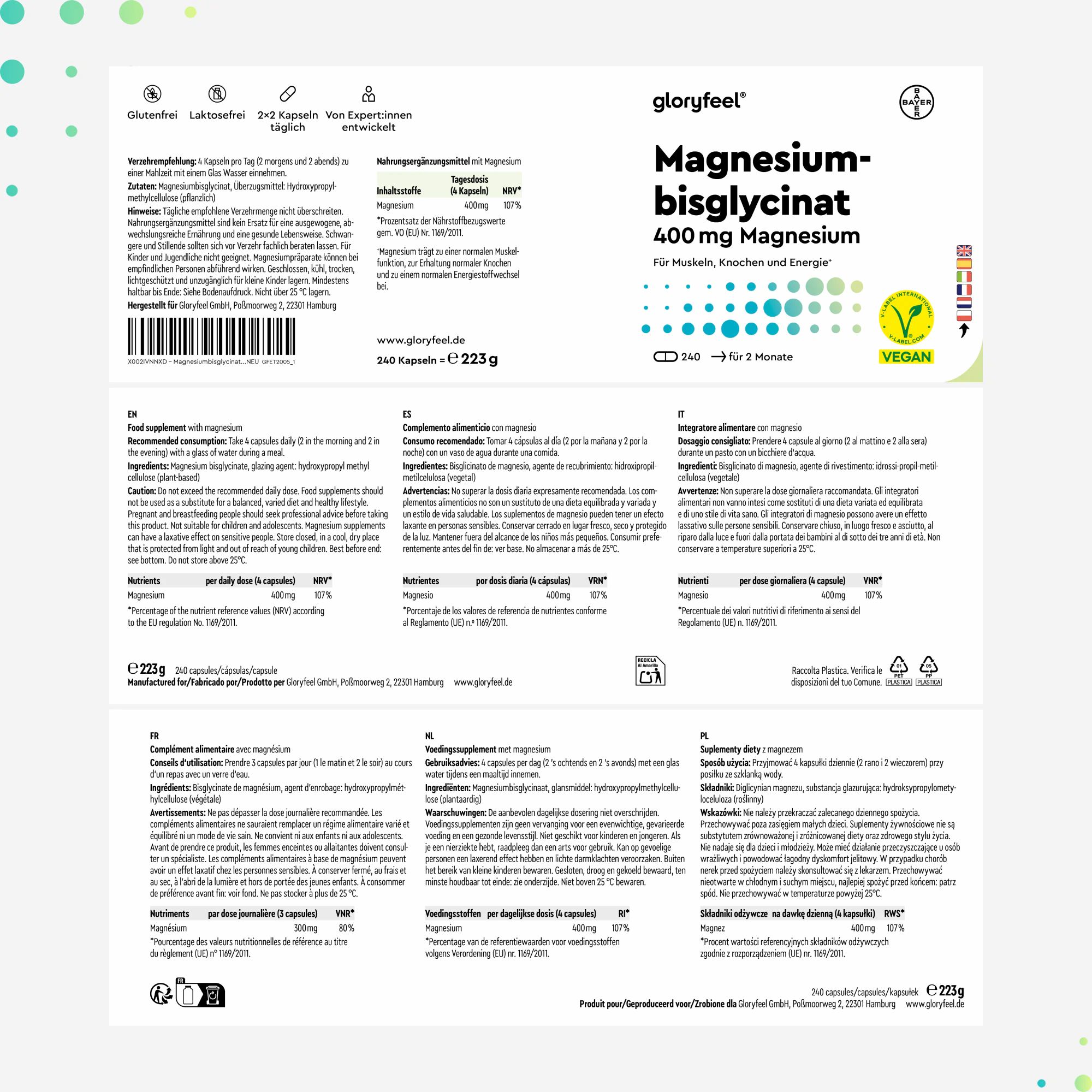 Etikett der Flasche Magnesiumbisglycinat. Text in mehreren Sprachen. Informationen zu Inhaltsstoffen und Anwendung.