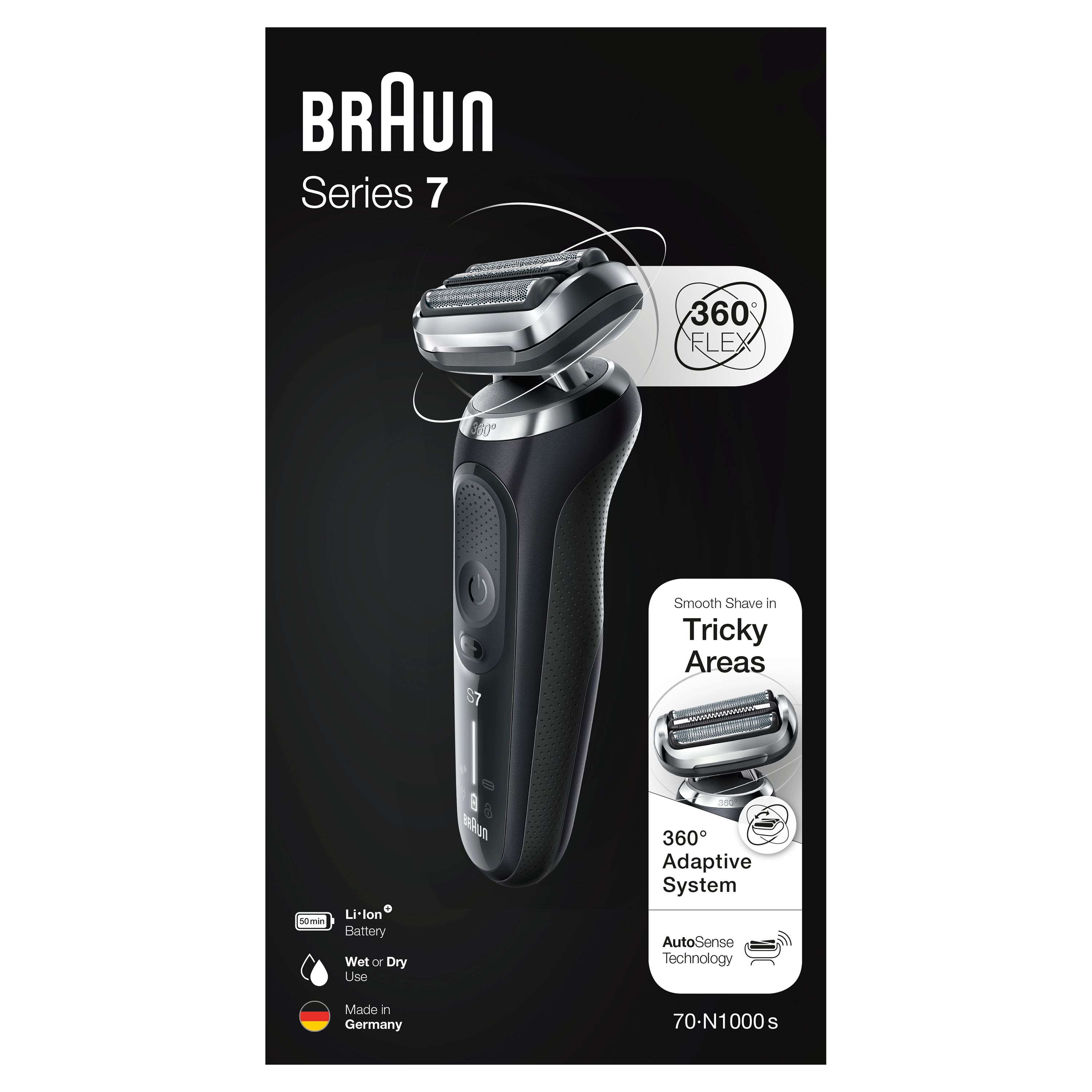Verpackung des Elektrorasierers. Braun Series 7, 360 Flex, 360 Adaptive System, Li-Ion Batterie, Wet or Dry use, Made in Germany.