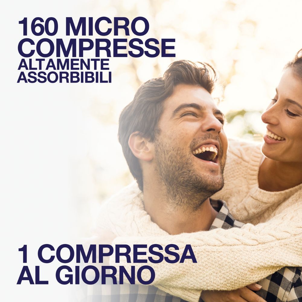Coppia che ride. Testo: '160 MICRO COMPRESSE ALTAMENTE ASSORBIBILI', '1 COMPRESSA AL GIORNO'.