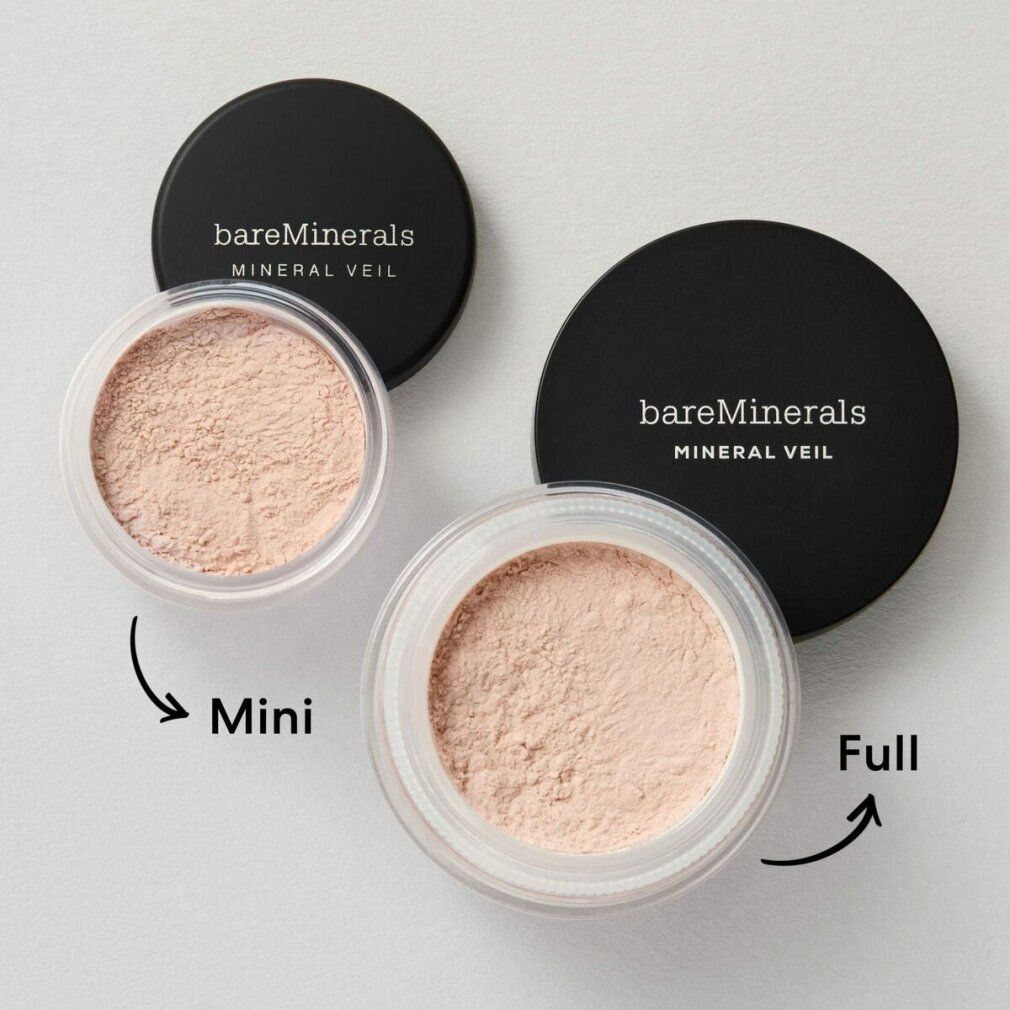 Zwei runde Dosen mit losem Puder. Eine Mini- und eine Full-Size-Dose. Schwarze Deckel mit "bareMinerals MINERAL VEIL"-Schriftzug.