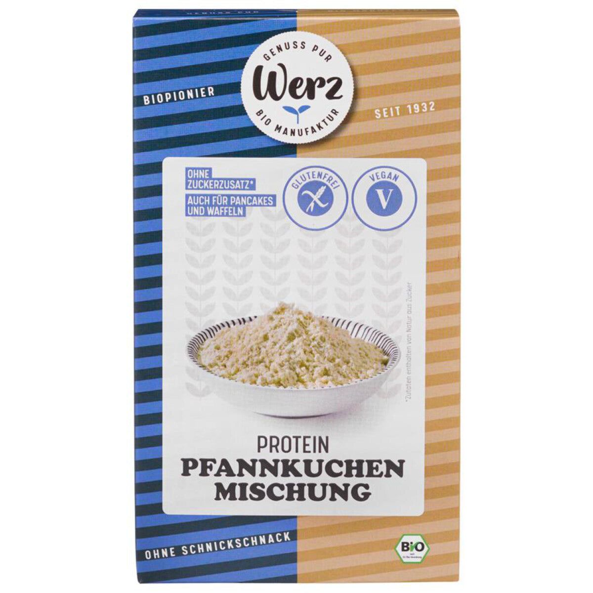 Verpackung von Protein Pfannkuchen Mischung. Aufschrift: Werz, glutenfrei, vegan. Enthält Mehl in einer Schüssel.