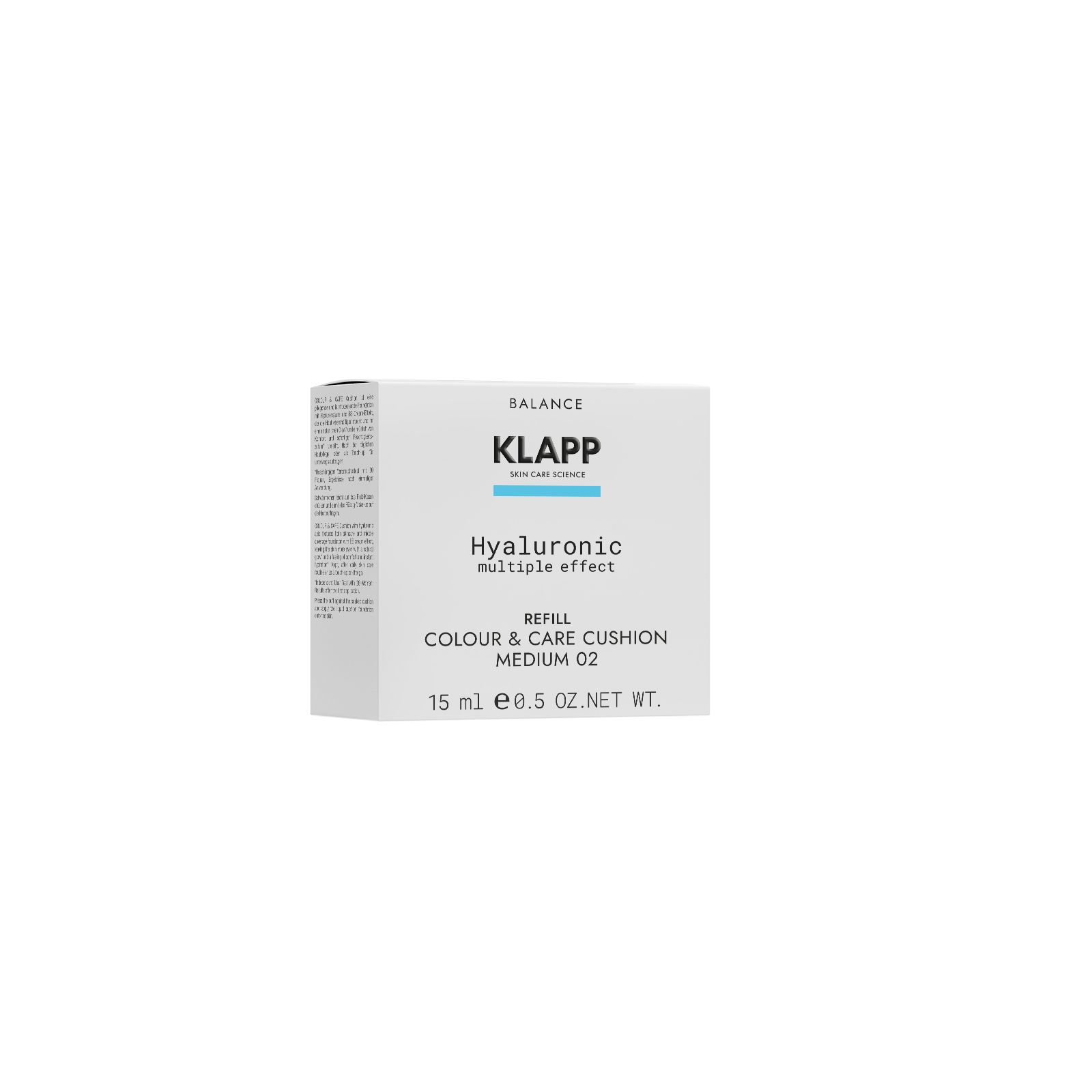 Weiße Klapp-Verpackung. Text: BALANCE, Hyaluronic multiple effect, COLOUR & CARE CUSHION, MEDIUM 02.