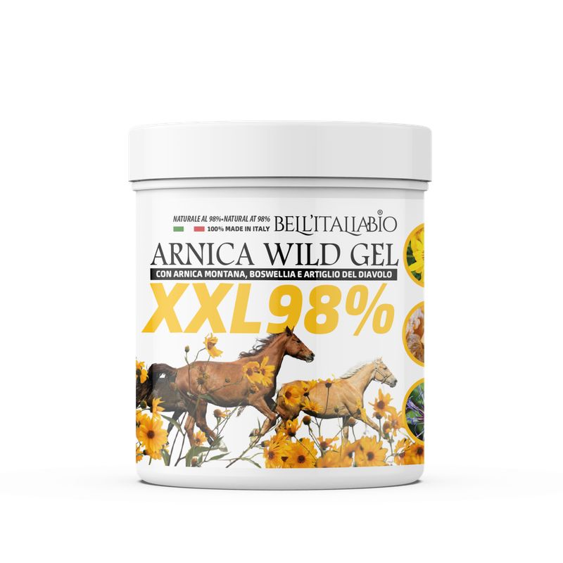 Weißes Behältnis mit Aufschrift Arnica Wild Gel XXL 98%. Abbildung von Pferden und Blumen. Text: Naturale al 98%.
