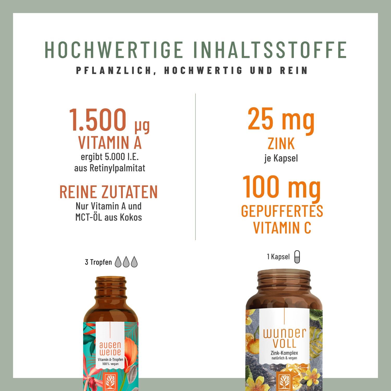 Infografik mit Inhaltsstoffangaben. Vitamin A, Zink und Vitamin C. Flaschen von AUGENWEIDE und WUNDERVOLL. Text in Deutsch.
