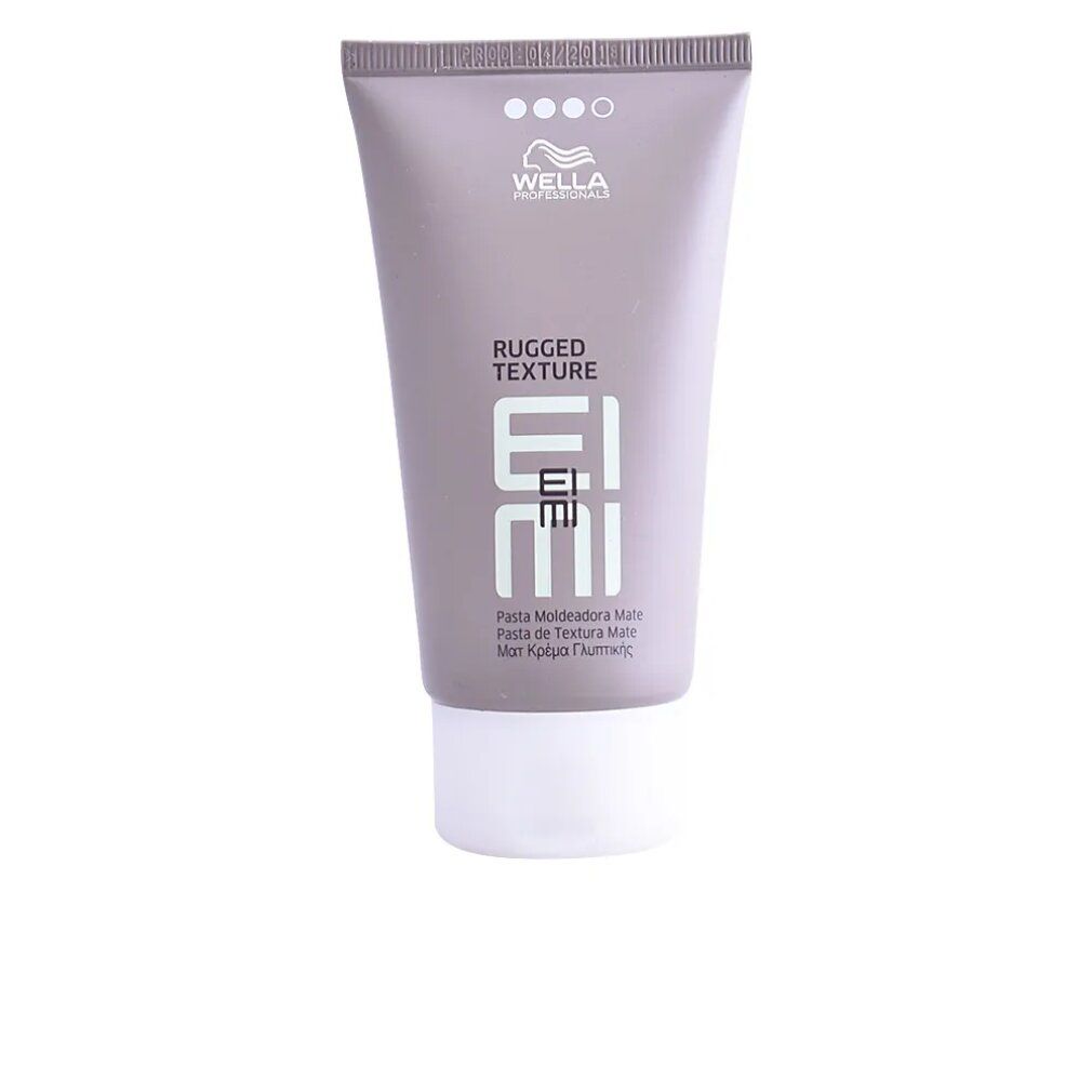 Graue Tube mit weißem Deckel. Aufschrift: Wella Eimi Rugged Texture. Texturierende Paste.