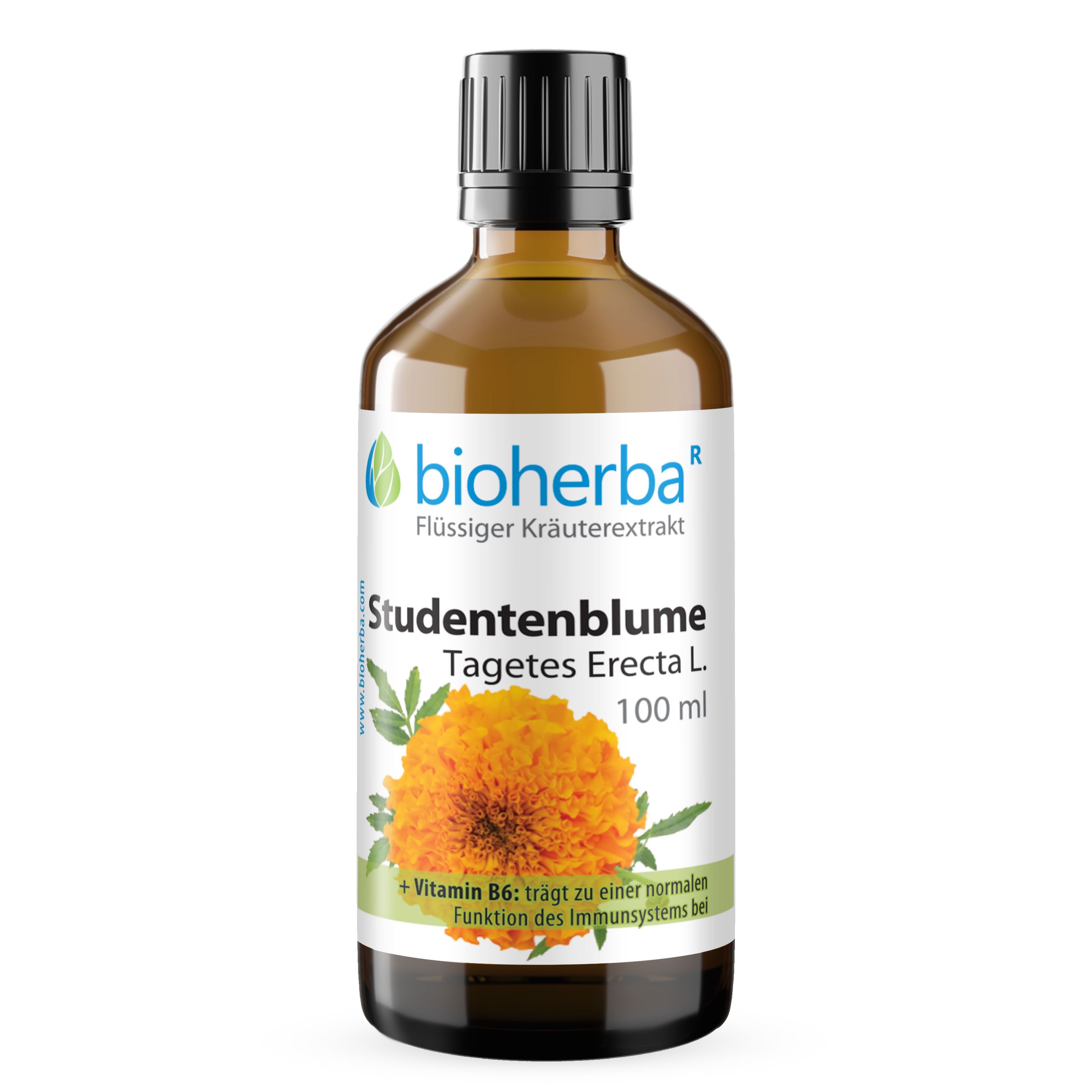 Braune Glasflasche mit schwarzem Deckel. Etikett mit Bioherba, Studentenblume Tagetes Erecta L. Tropfen. Enthält Vitamin B6. 100 ml.