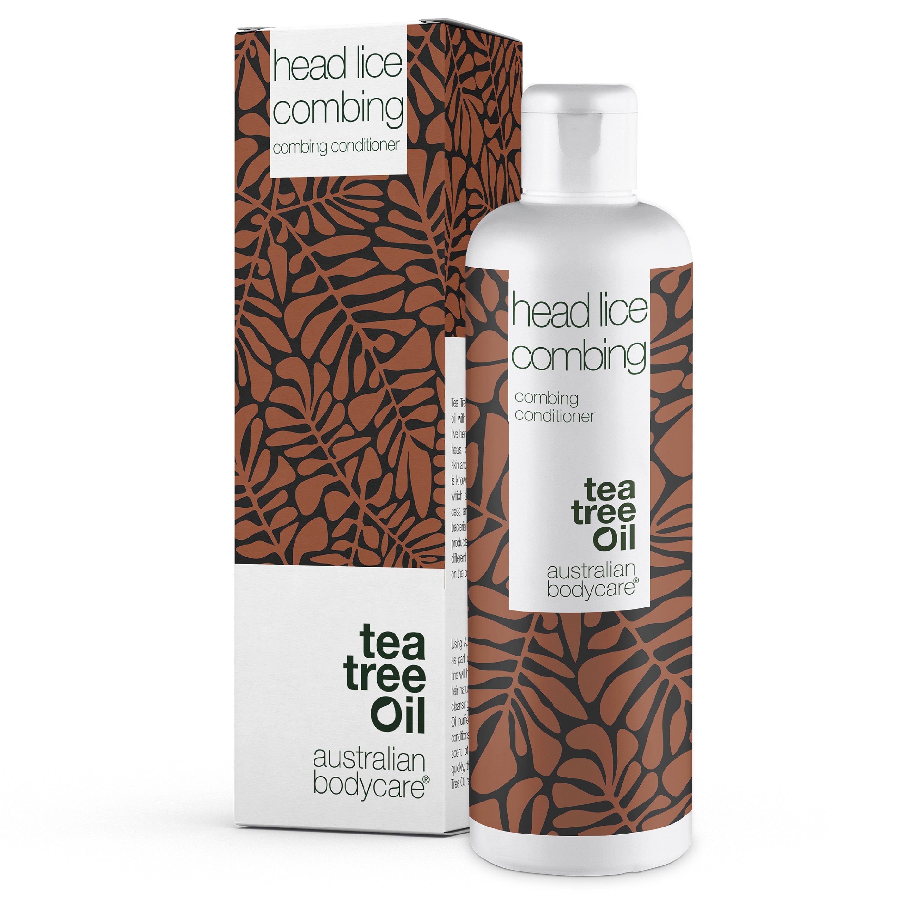 Flasche und Karton mit Aufschrift "head lice combing". "Tea tree Oil" und Logo von Australian Bodycare.