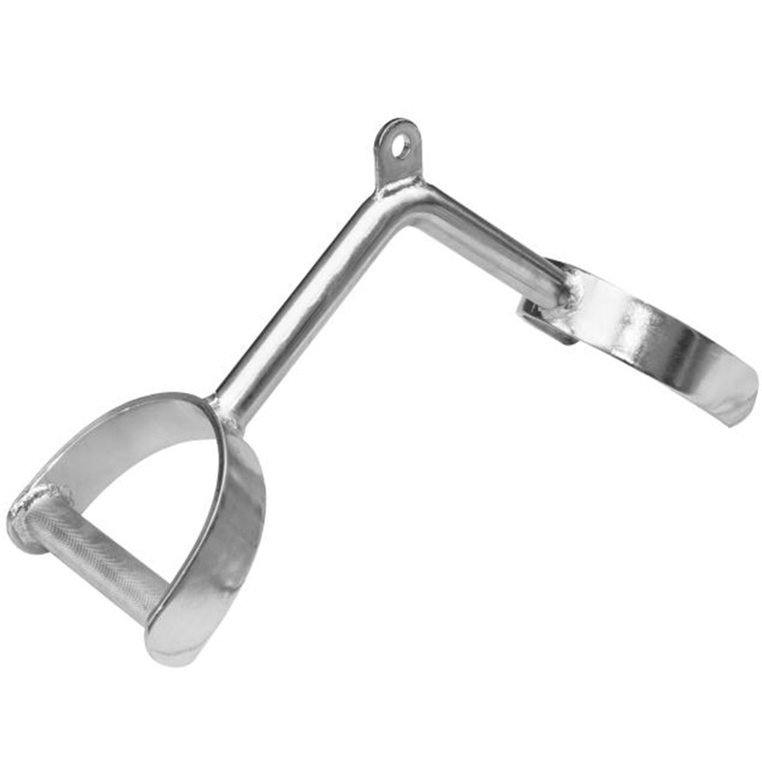 Breiter Rudergriff aus Metall mit Hufgriff-Design. Oberseite mit Aufhängeöse. Winkelige Form mit zwei Griffen.