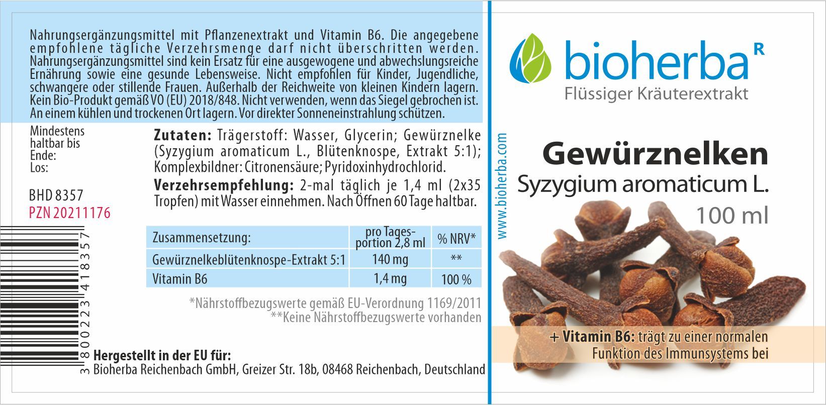 Bioherba Gewürznelken Syzygium aromaticum  L. Tropfen Tinktur 100 ml