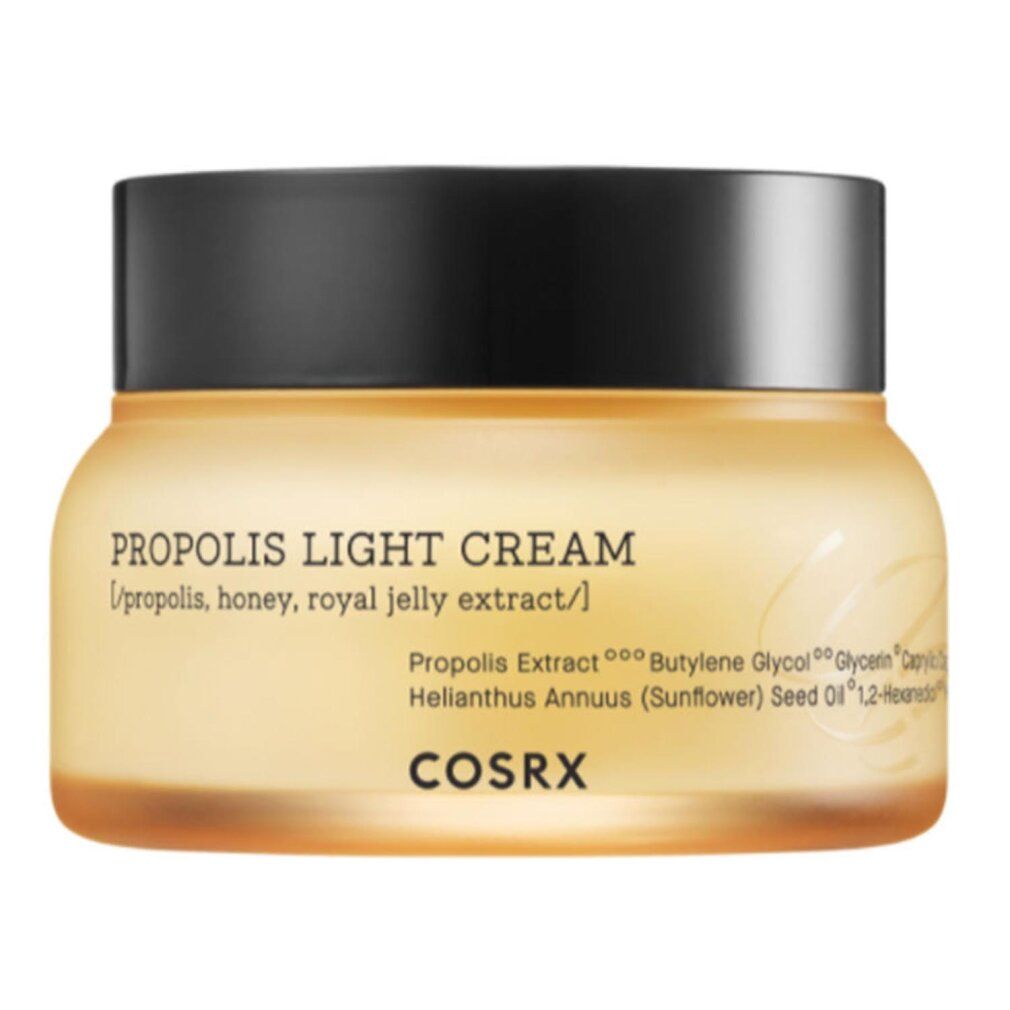 Creme-Dose mit schwarzem Deckel. Aufschrift: PROPOLIS LIGHT CREAM. Marke: COSRX. Gelbliche Creme sichtbar.