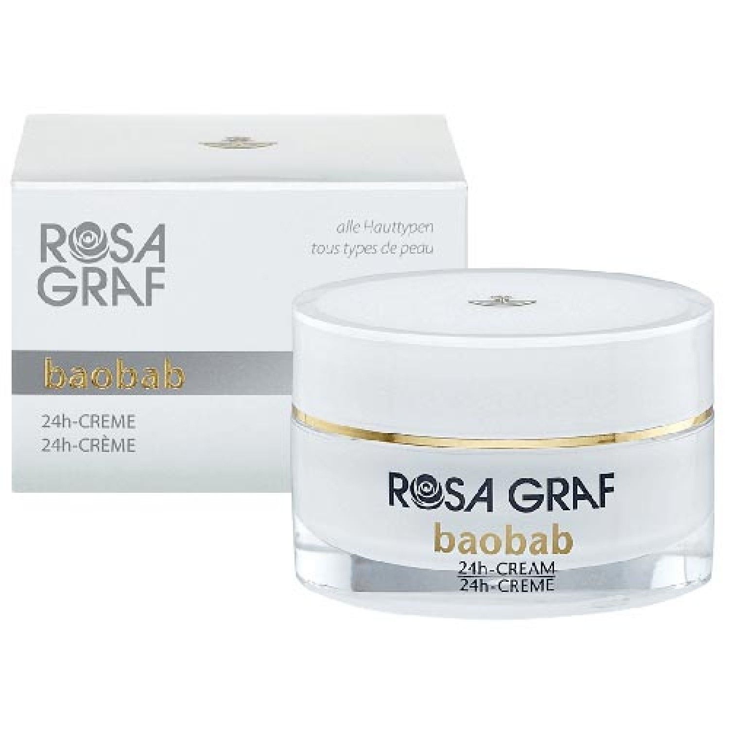 Creme-Tiegel und Karton. Aufschrift: ROSA GRAF, baobab, 24h-CREME. Für alle Hauttypen.