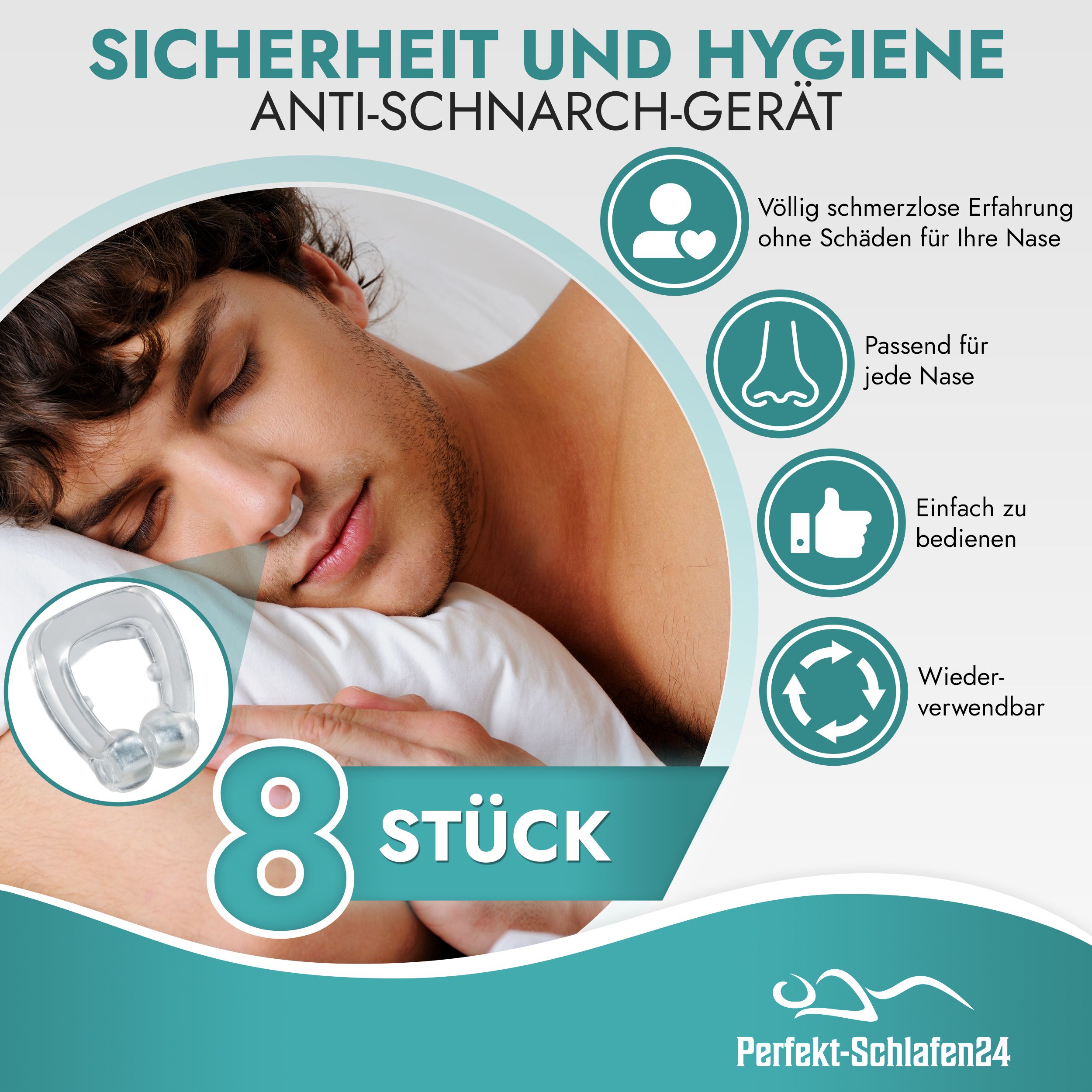 Mann schläft mit Nasenclip. Umgebende Icons: Schmerzfrei, für jede Nase, einfach zu bedienen, wiederverwendbar. 8 Stück. Logo: Perfekt-Schlafen24.