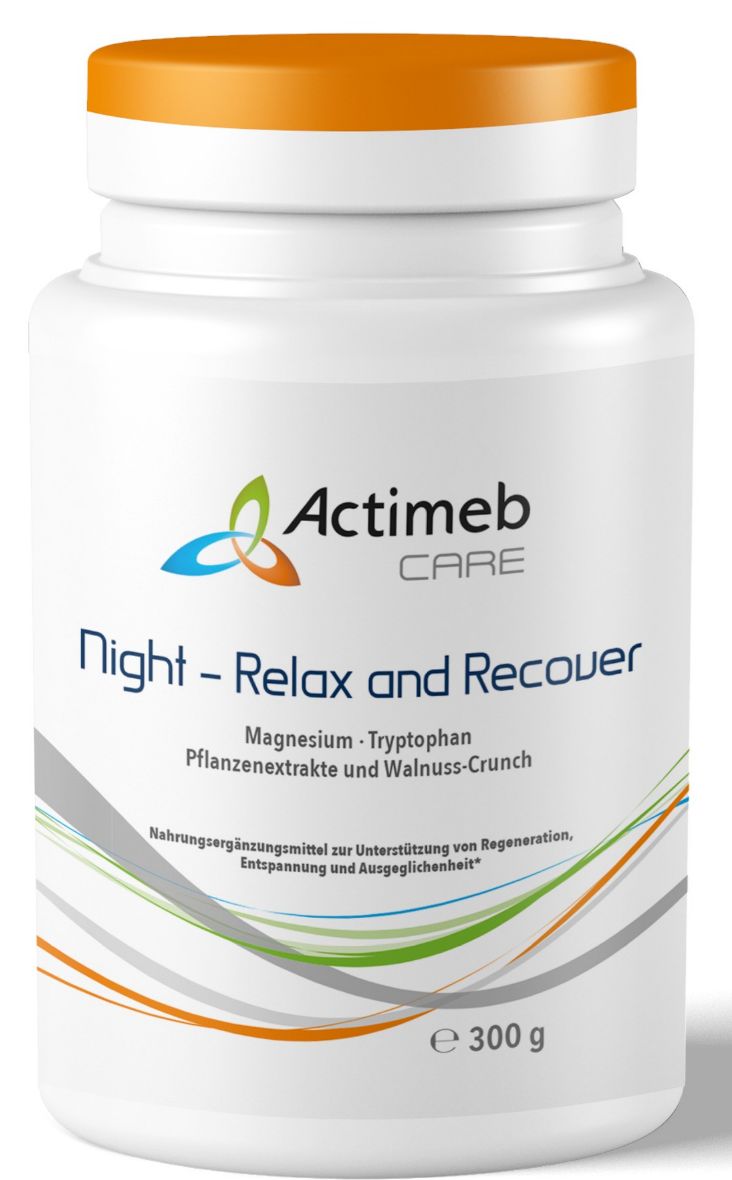 Weißes Nahrungsergänzungsmittel-Behälter mit orangefarbenem Deckel. Aufschrift: Actimeb Care Night - Relax and Recover. 300 g.
