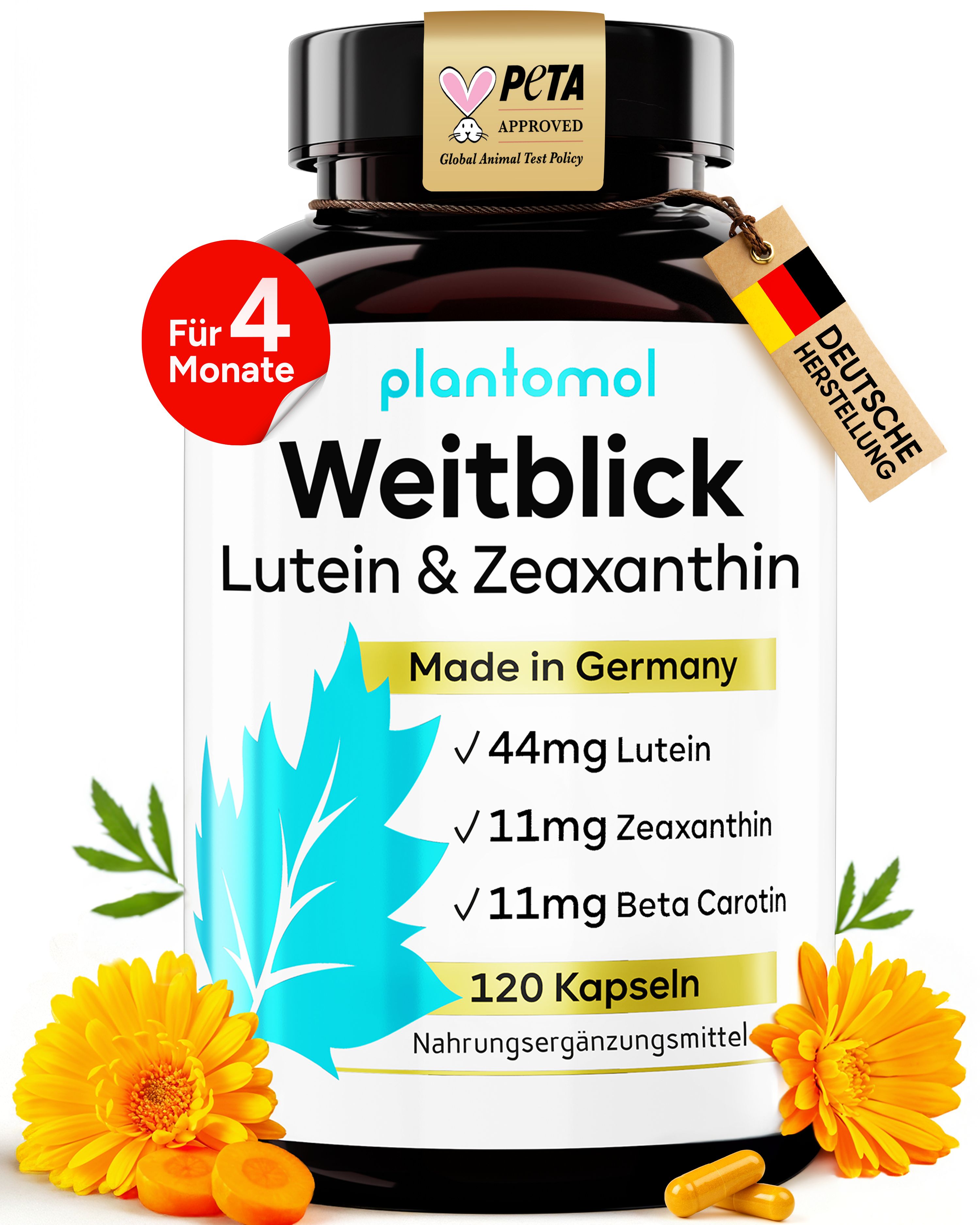 Braune Flasche mit plantomol Weitblick. Aufschrift: Lutein & Zeaxanthin. 120 Kapseln. PETA-Logo. Made in Germany. Mit Blüten.
