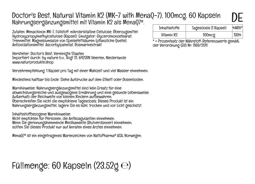 Etikett mit Text in deutscher Sprache. Enthält Informationen zu Inhaltsstoffen, Dosierung und Warnhinweisen. Füllmenge: 60 Kapseln.